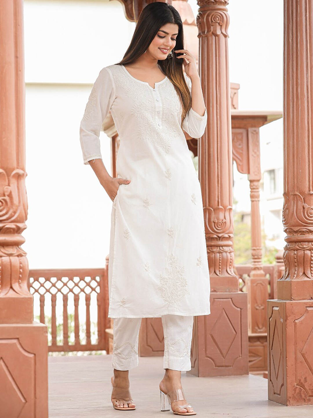 

KAAJH Ethnic Motifs Embroidered Chikankari Pure Cotton Kurta with Trousers & Dupatta, Off white