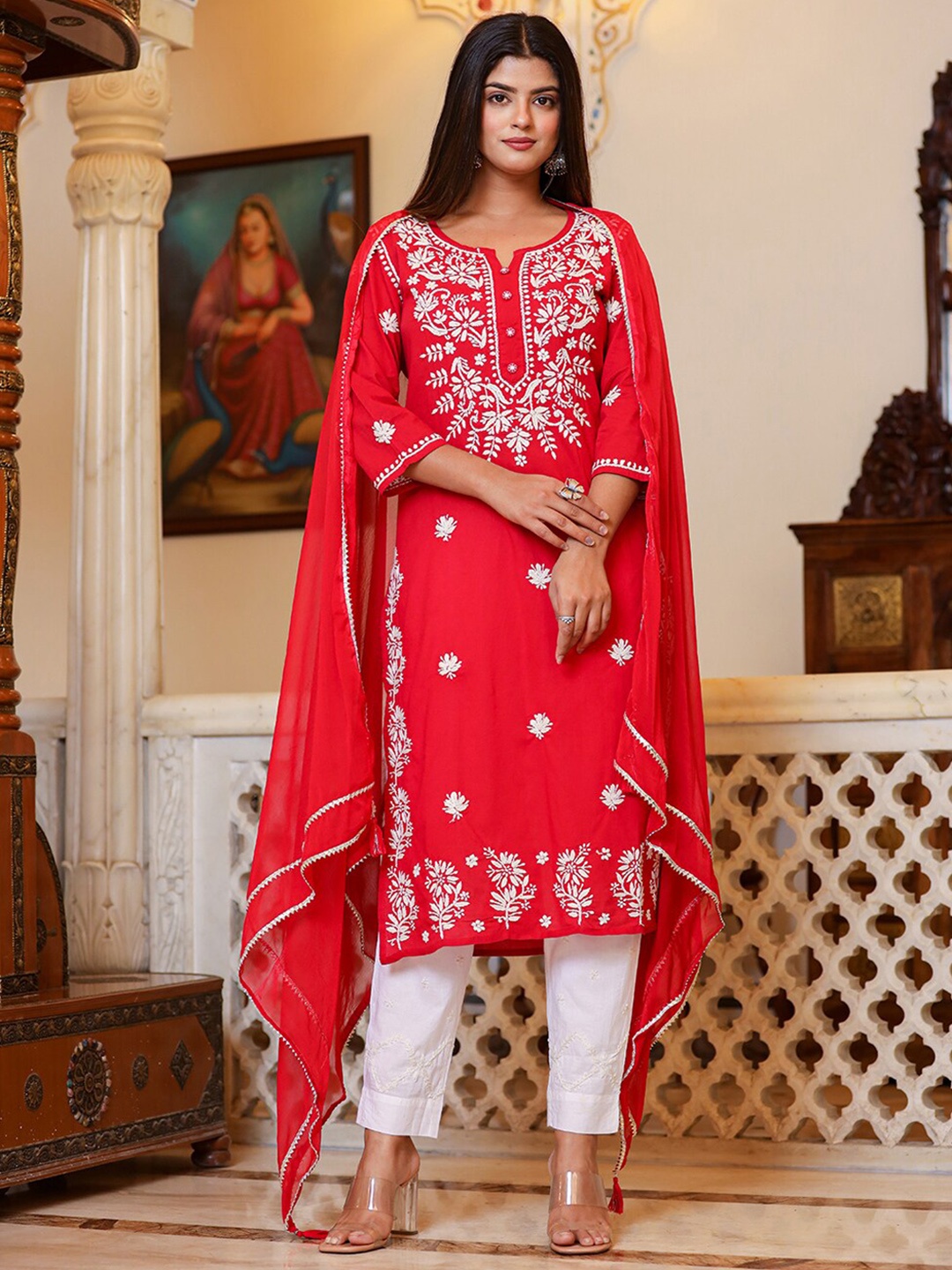 

KAAJH Floral Embroidered Chikankari Pure Cotton Kurta with Trousers & With Dupatta, Red