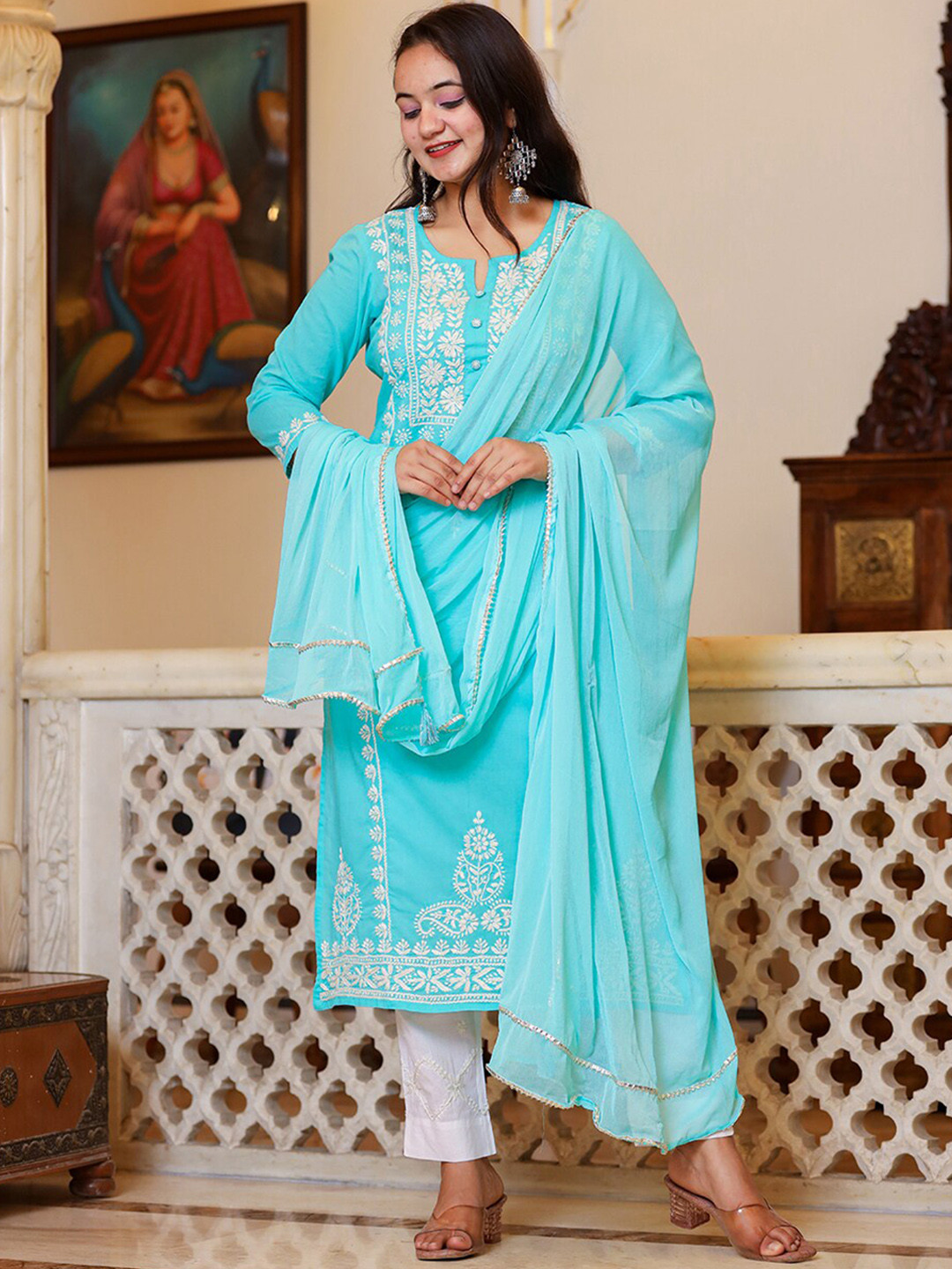 

KAAJH Ethnic Motifs Embroidered Chikankari Pure Cotton Kurta with Trousers & With Dupatta, Turquoise blue
