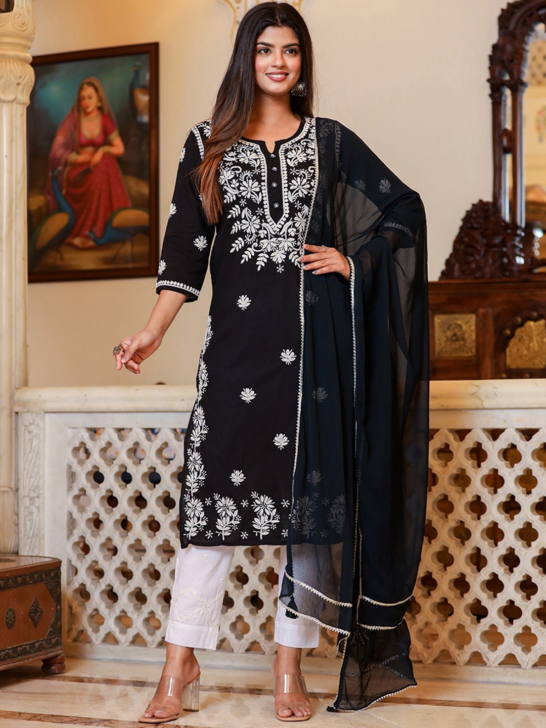 

KAAJH Ethnic Motifs Embroidered Chikankari Pure Cotton Kurta with Trousers & With Dupatta, Black