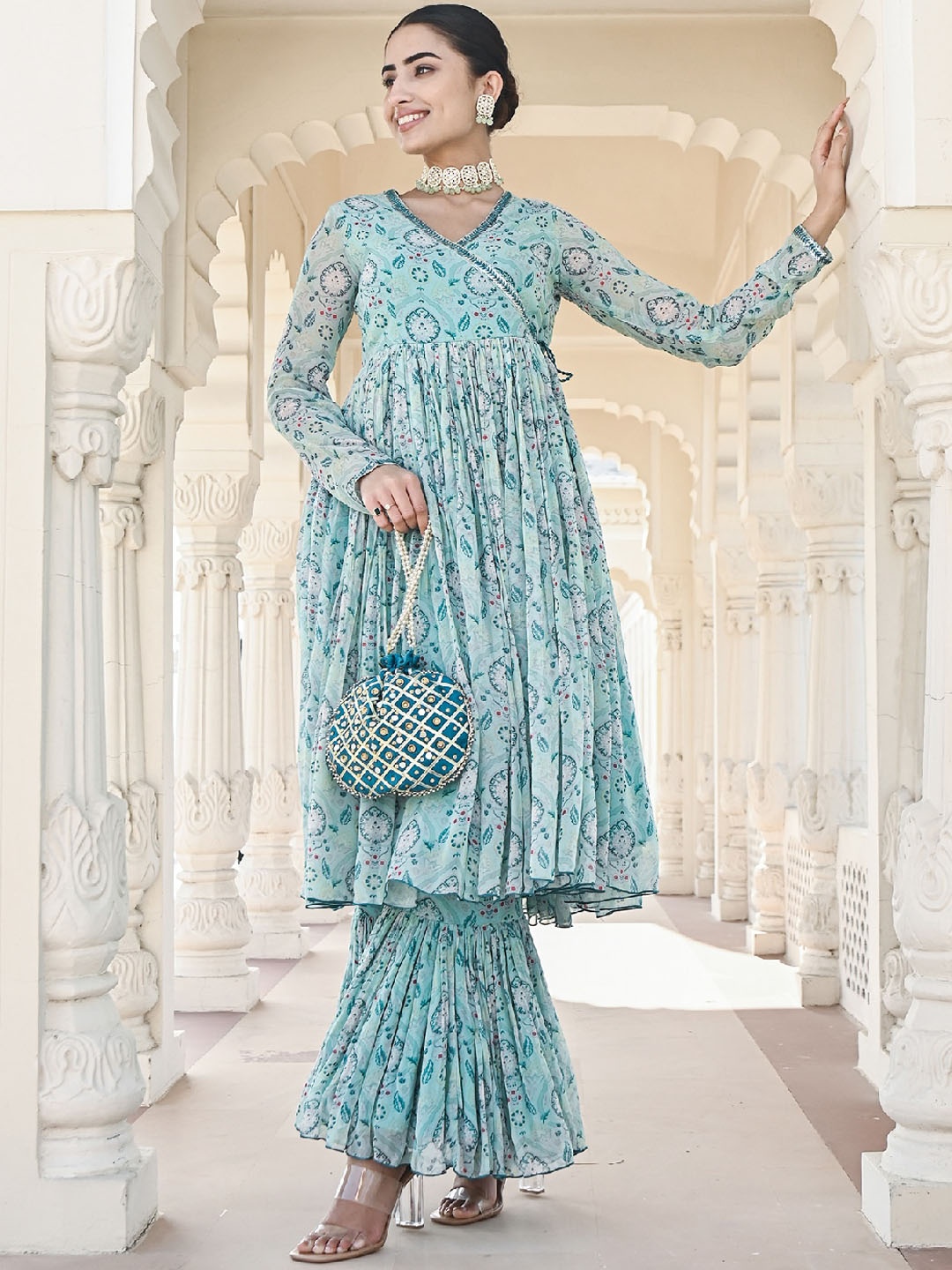 

EverBloom Floral Printed Angrakha A-Line Georgette Kurti With Sharara, Blue