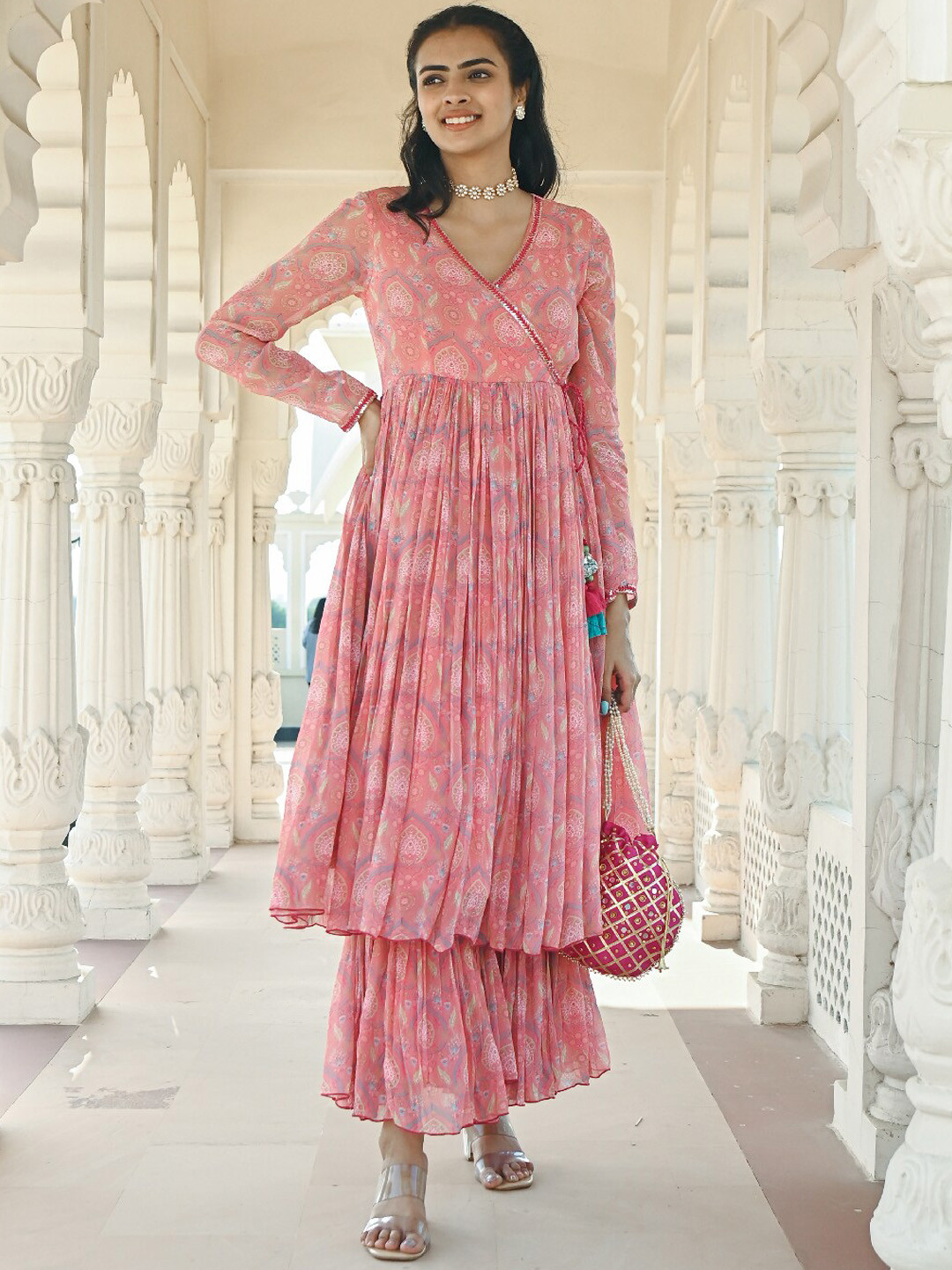 

EverBloom Floral Printed Angrakha A-Line Chanderi Silk Kurti With Sharara, Red