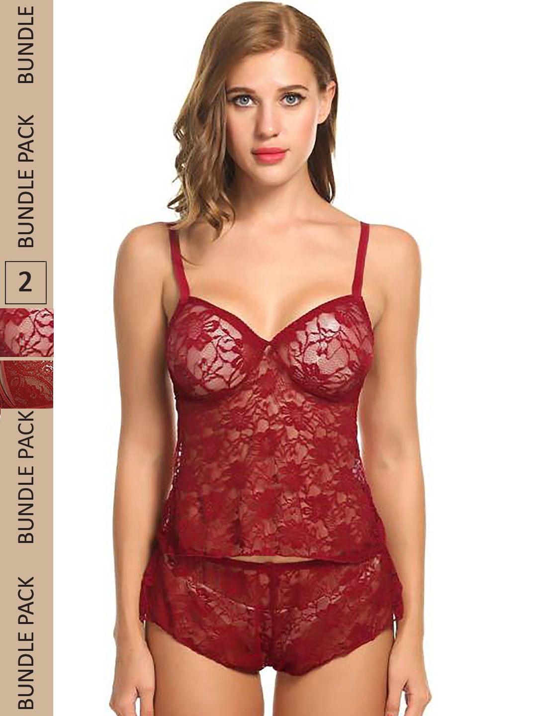 

AROUSY Pack Of 2 Self Design Net Shoulder Straps Baby Dolls, Maroon