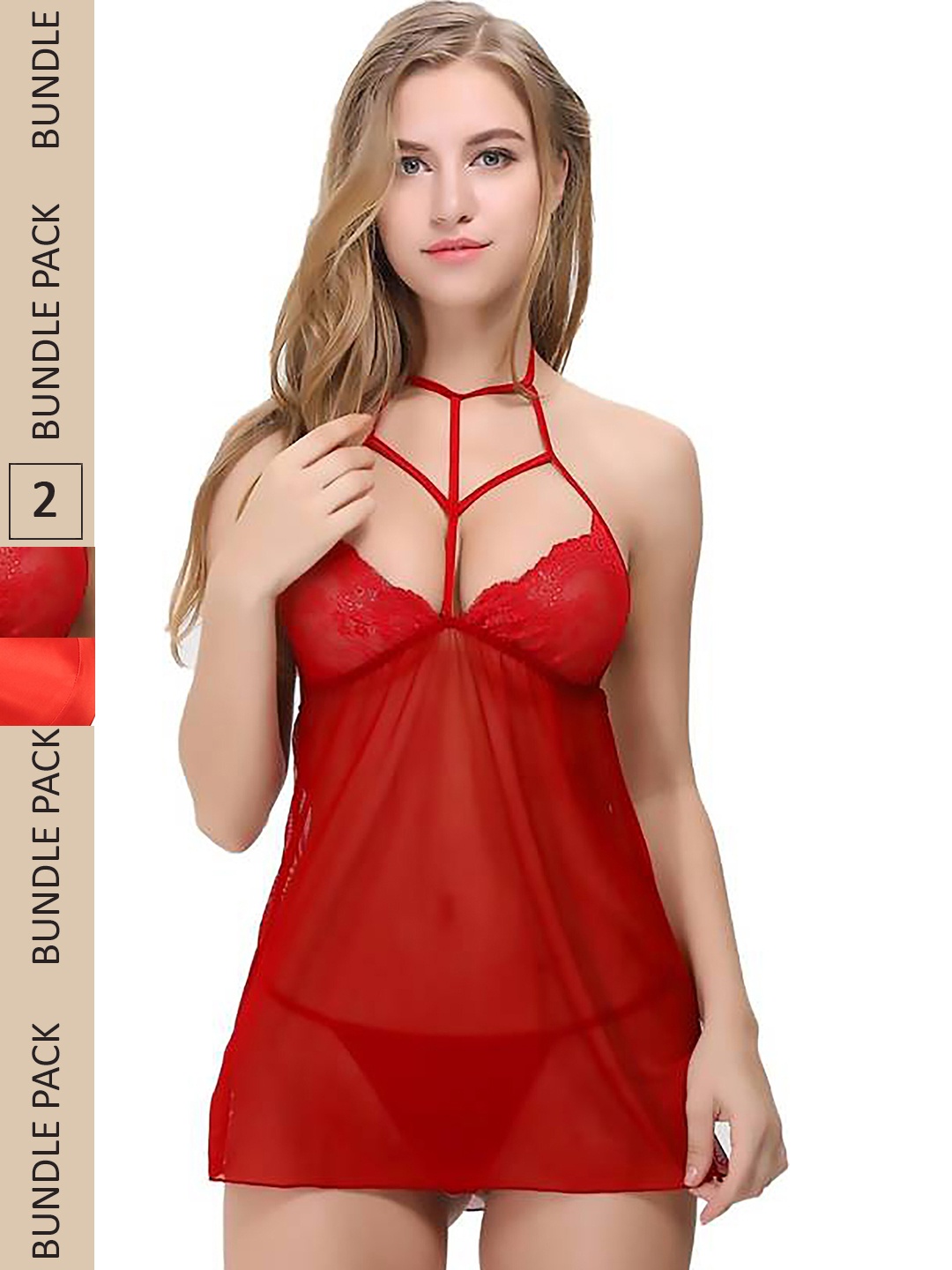 

AROUSY Pack Of 2 Net Halter Neck Baby Doll, Red