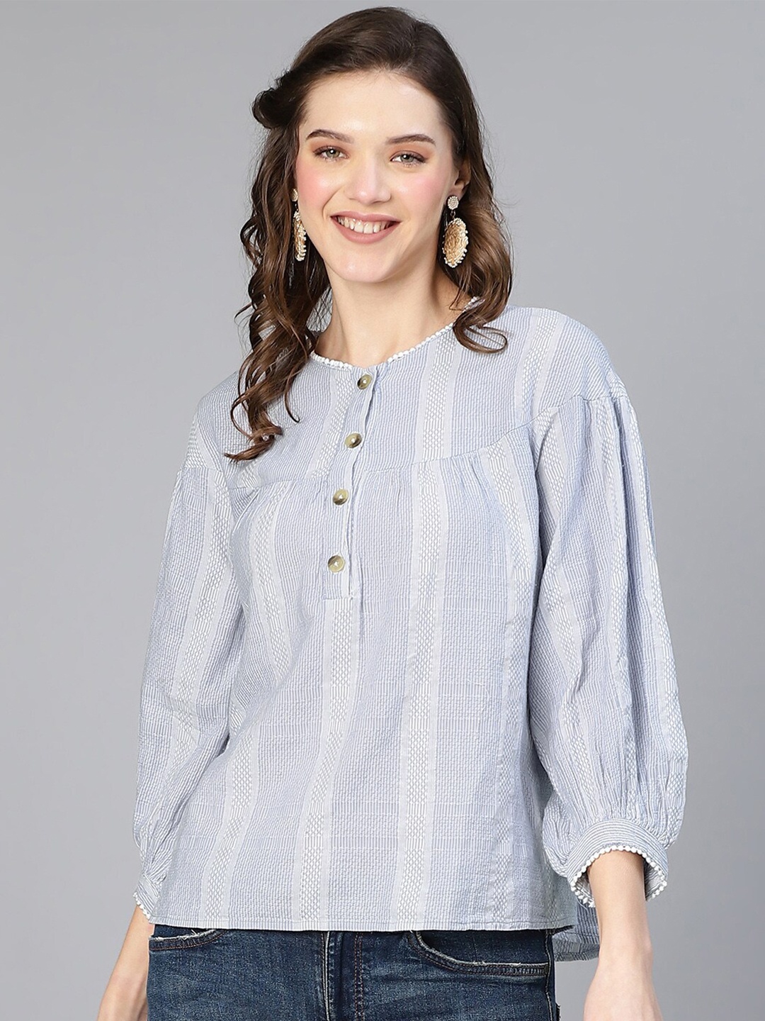 

Oxolloxo Striped Puff Sleeve Cotton Shirt Style Top, Blue