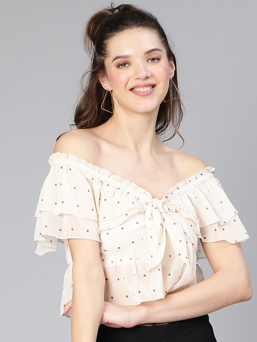 

Oxolloxo Polka Dots Printed Off-Shoulder Flared Sleeves Ruffles Bardot Crop Top, Nude