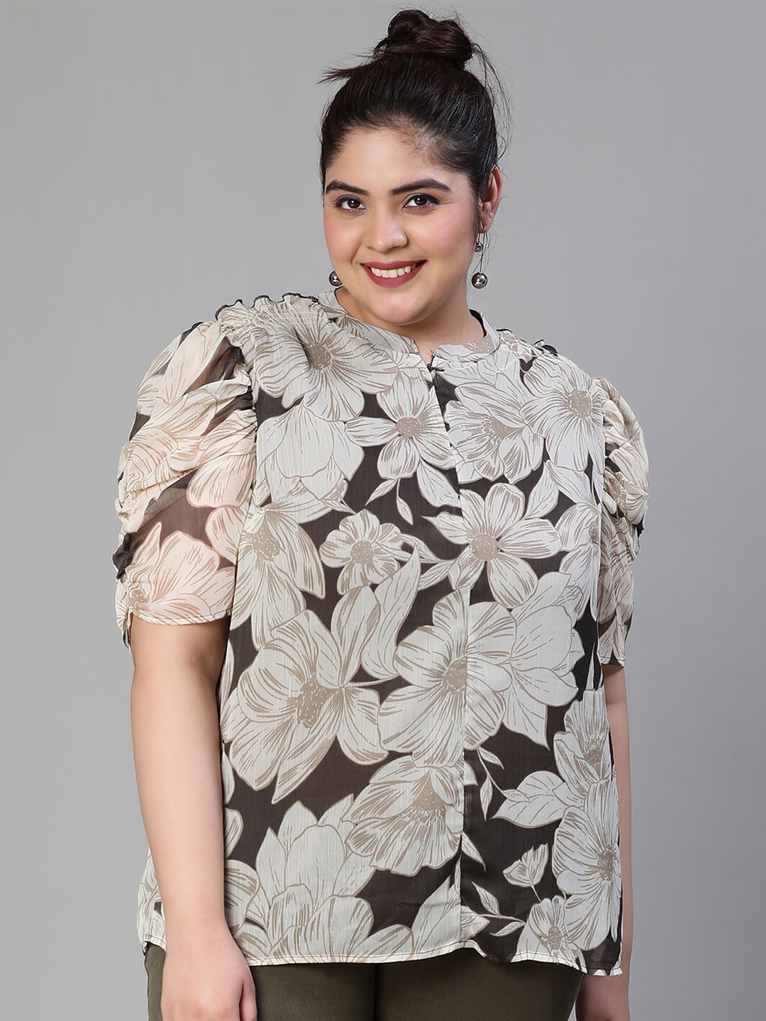 

Oxolloxo Floral Print Ruffles Chiffon Top, Beige