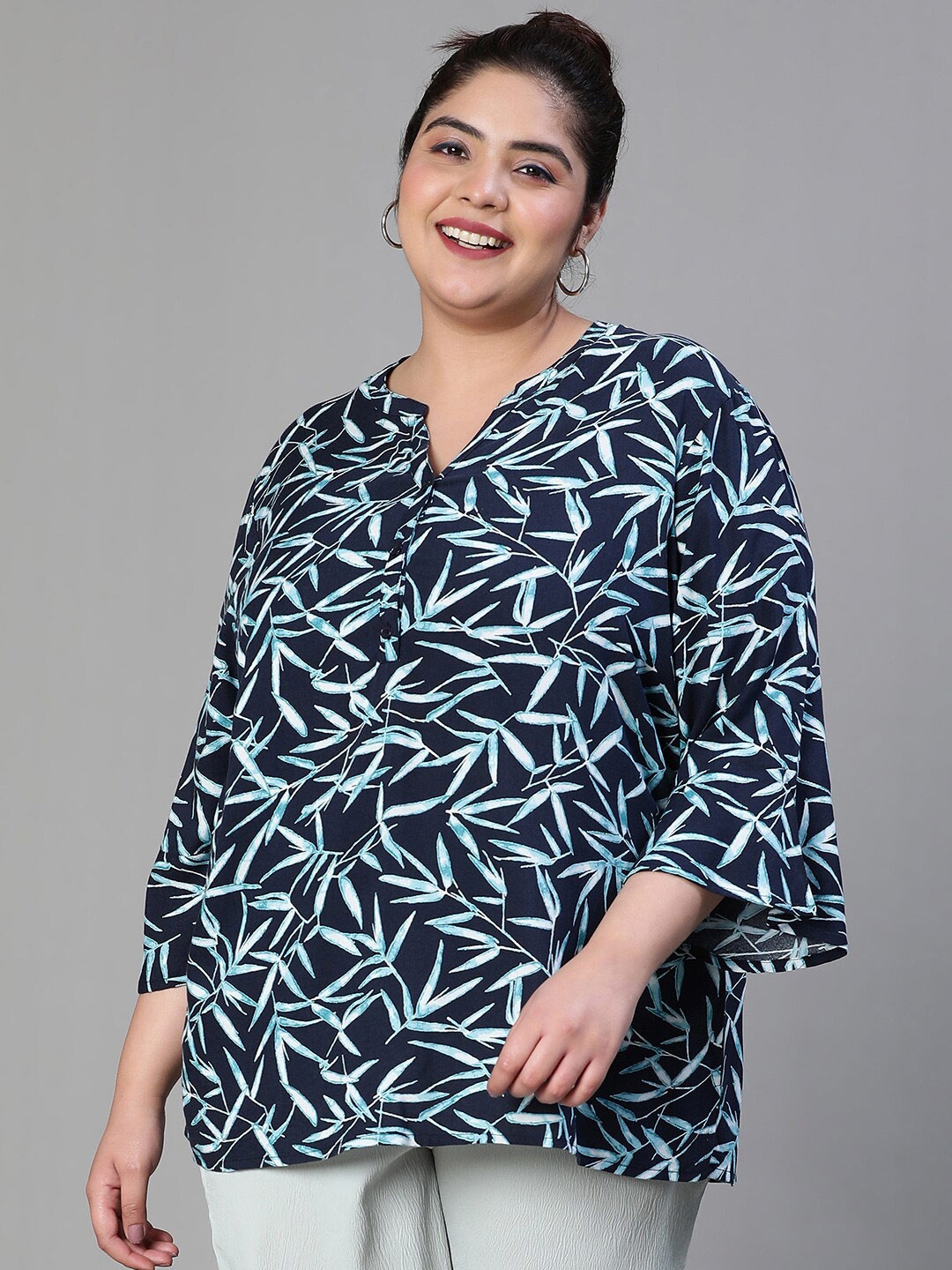 

Oxolloxo Plus Size Tropcal Printed Mandarin Collar Shirt Style Top, Navy blue