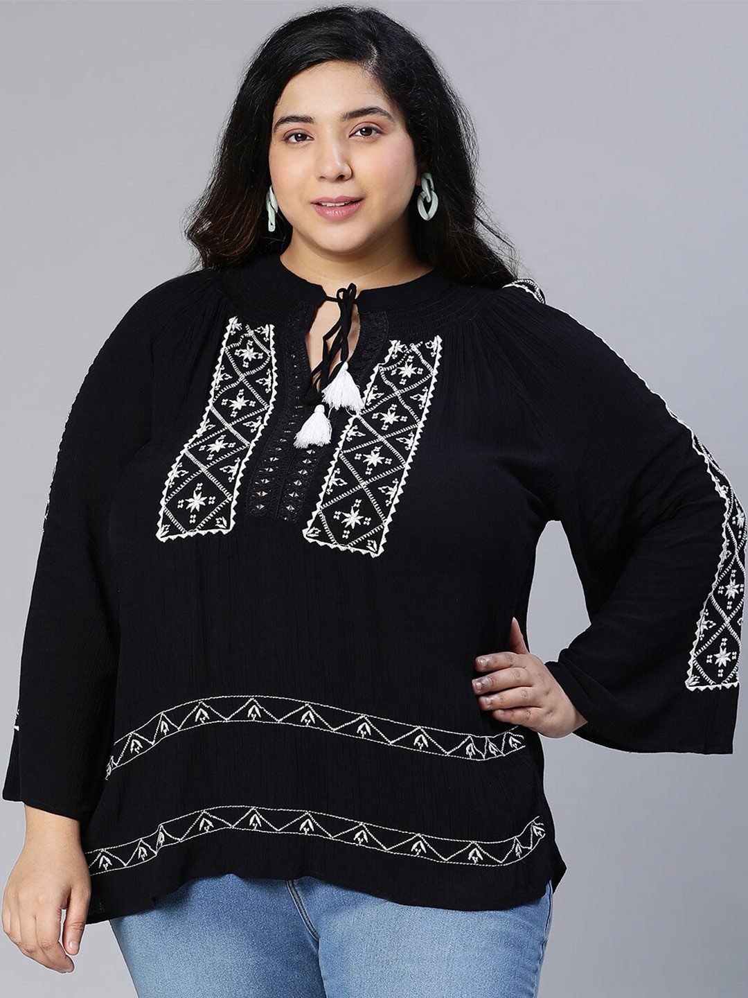 

Oxolloxo Plus Size Geometric Embroidered Tie-Up Neck Crepe Top, Black