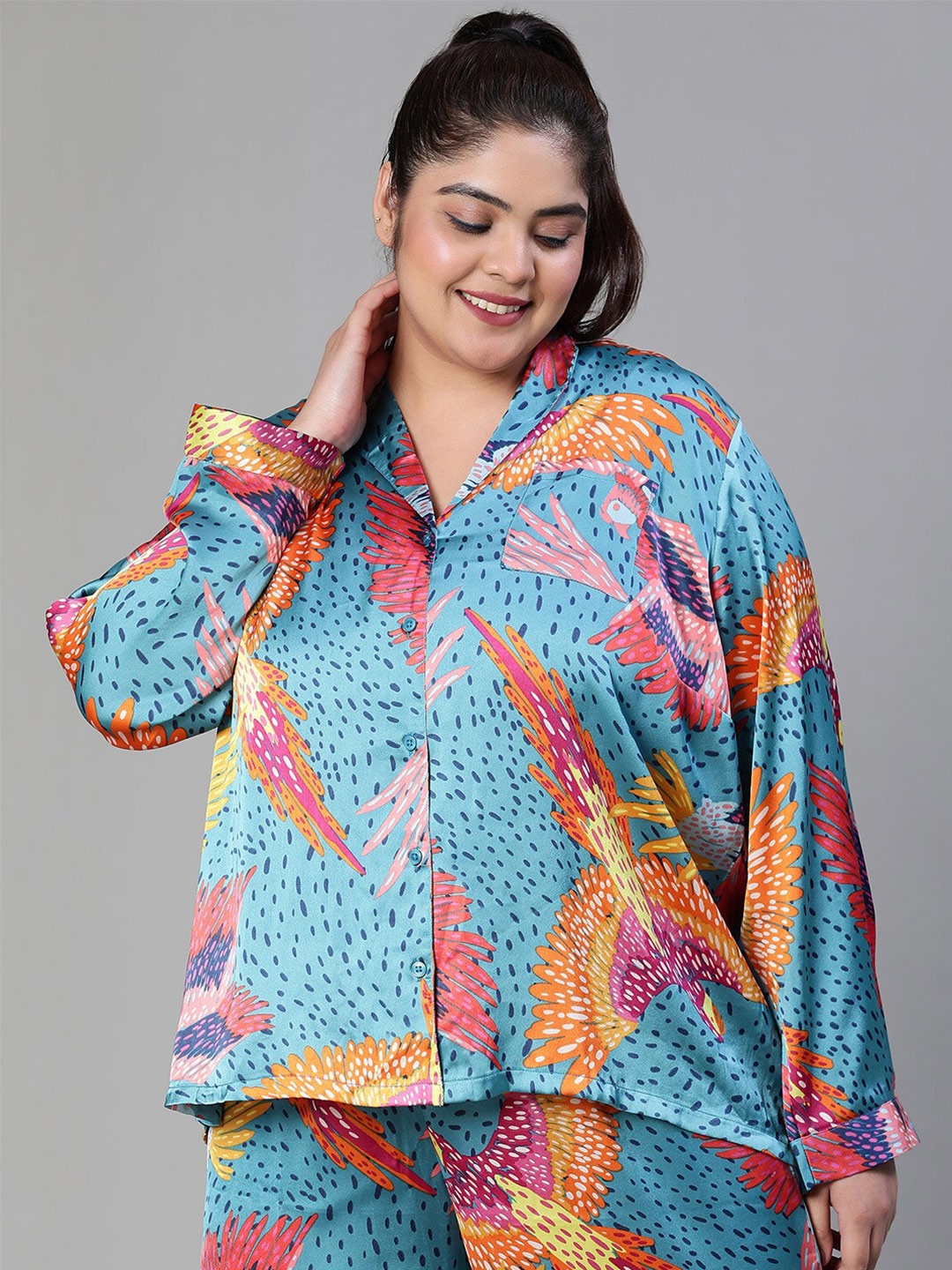 

Oxolloxo Print Satin Shirt Style Top, Blue