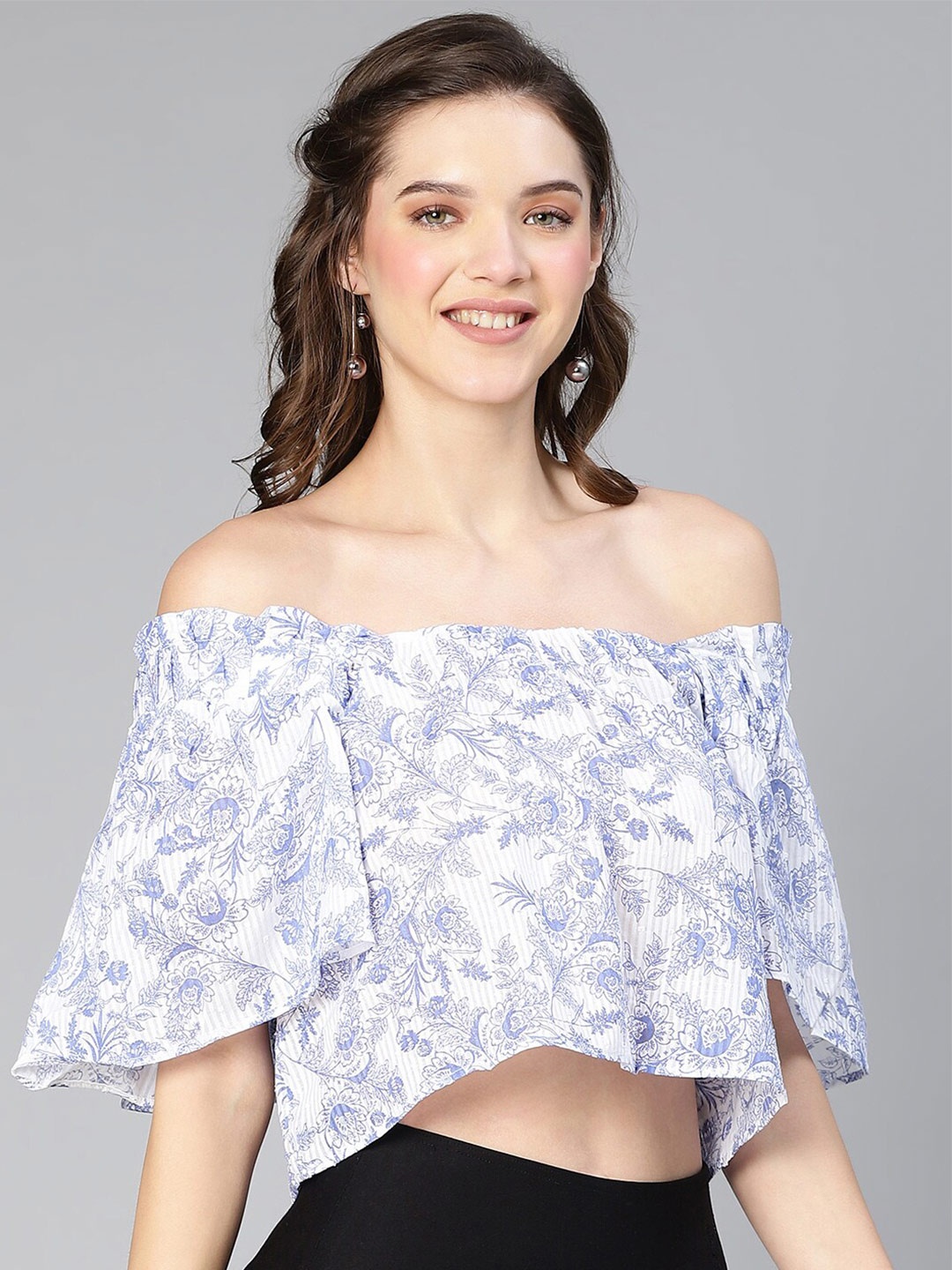 

Oxolloxo Floral Print Off-Shoulder Pure Cotton Bardot Crop Top, White