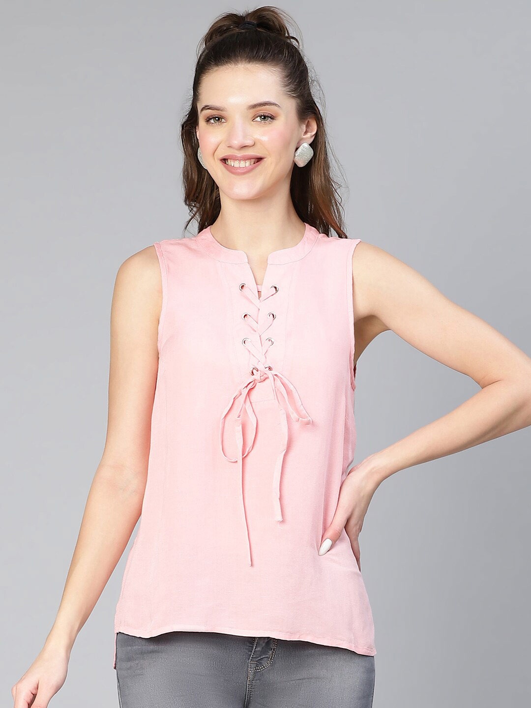 

Oxolloxo Sleeveless Tie-Ups Detail Pure Cotton Top, Pink