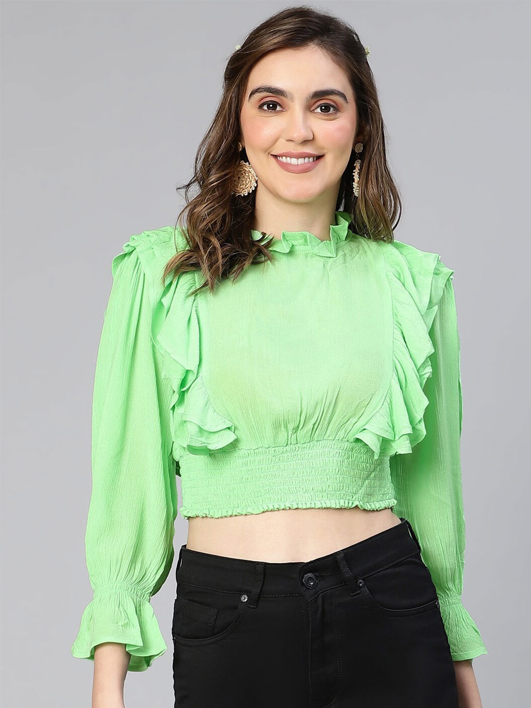 

Oxolloxo Puff Sleeve Smocked Cotton Crepe Crop Top, Green