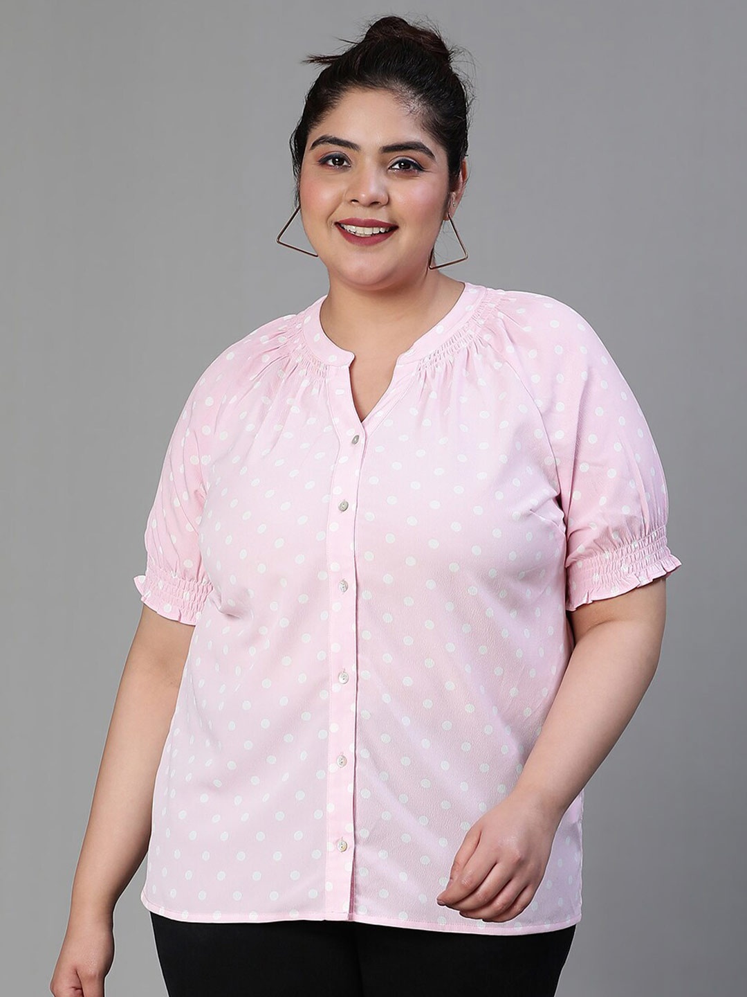 

Oxolloxo Plus Size Polka Dots Printed Smocked Shirt Style Top, Pink