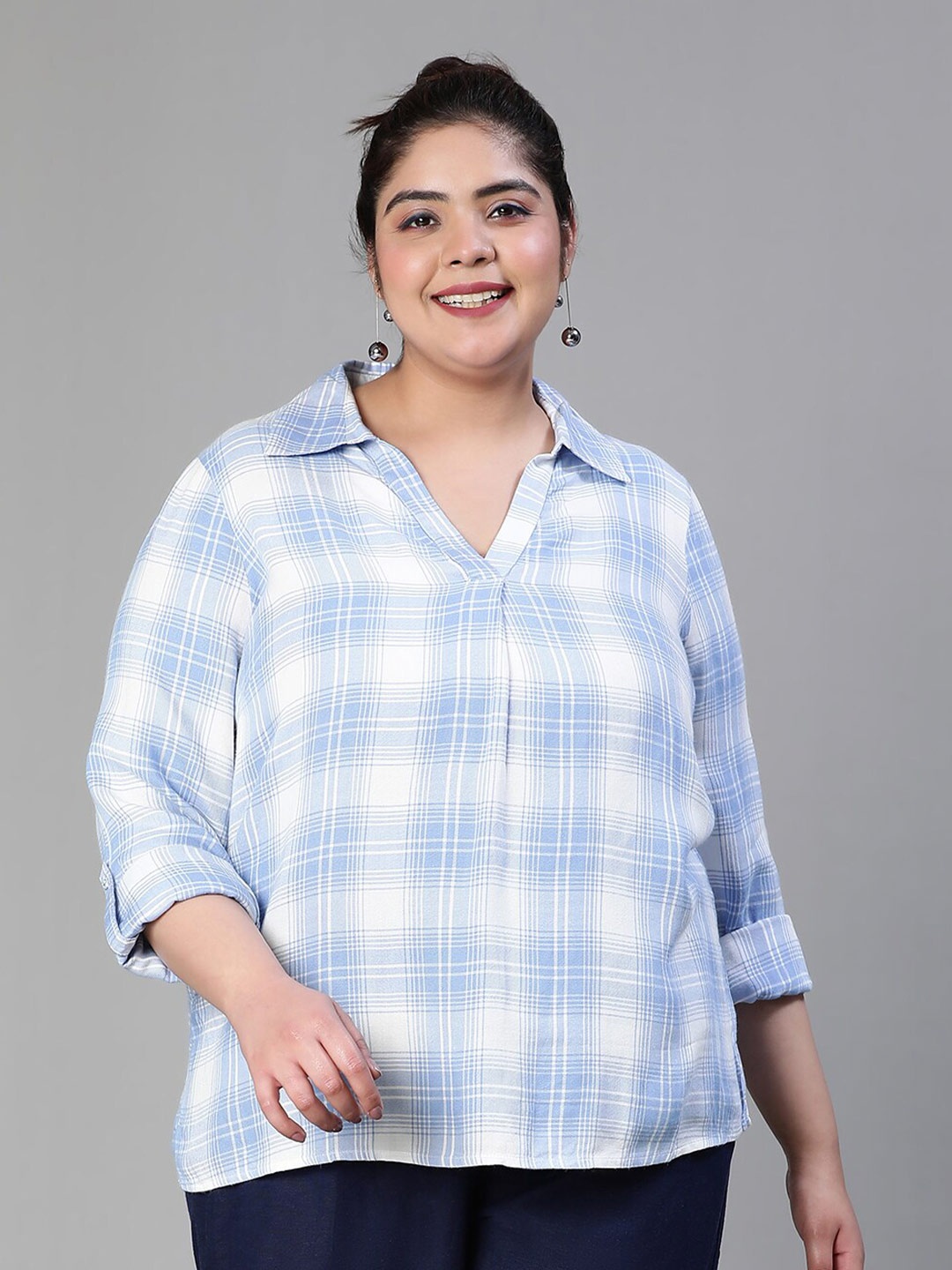

Oxolloxo Plus Size Checked Roll-Up Sleeve Shirt Style Top, Blue