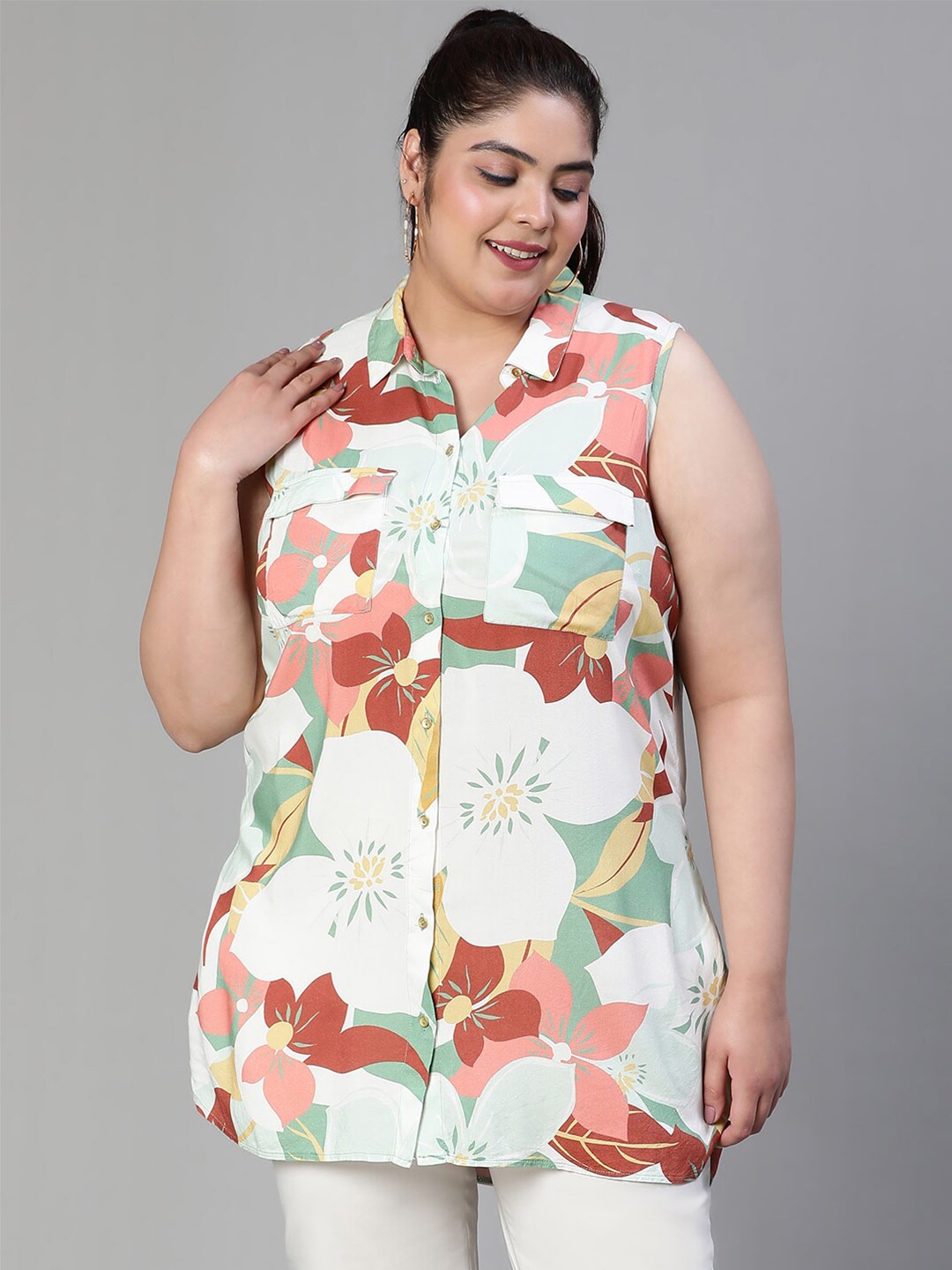 

Oxolloxo Floral Print Tropical Shirt Style Top, Multi