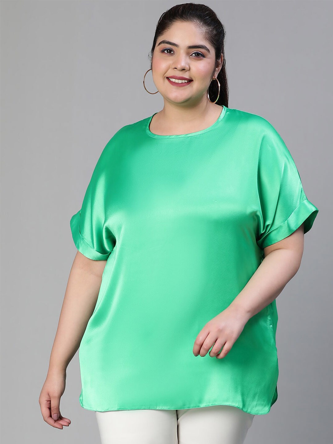 

Oxolloxo Plus Size Extended Sleeves Satin Top, Green