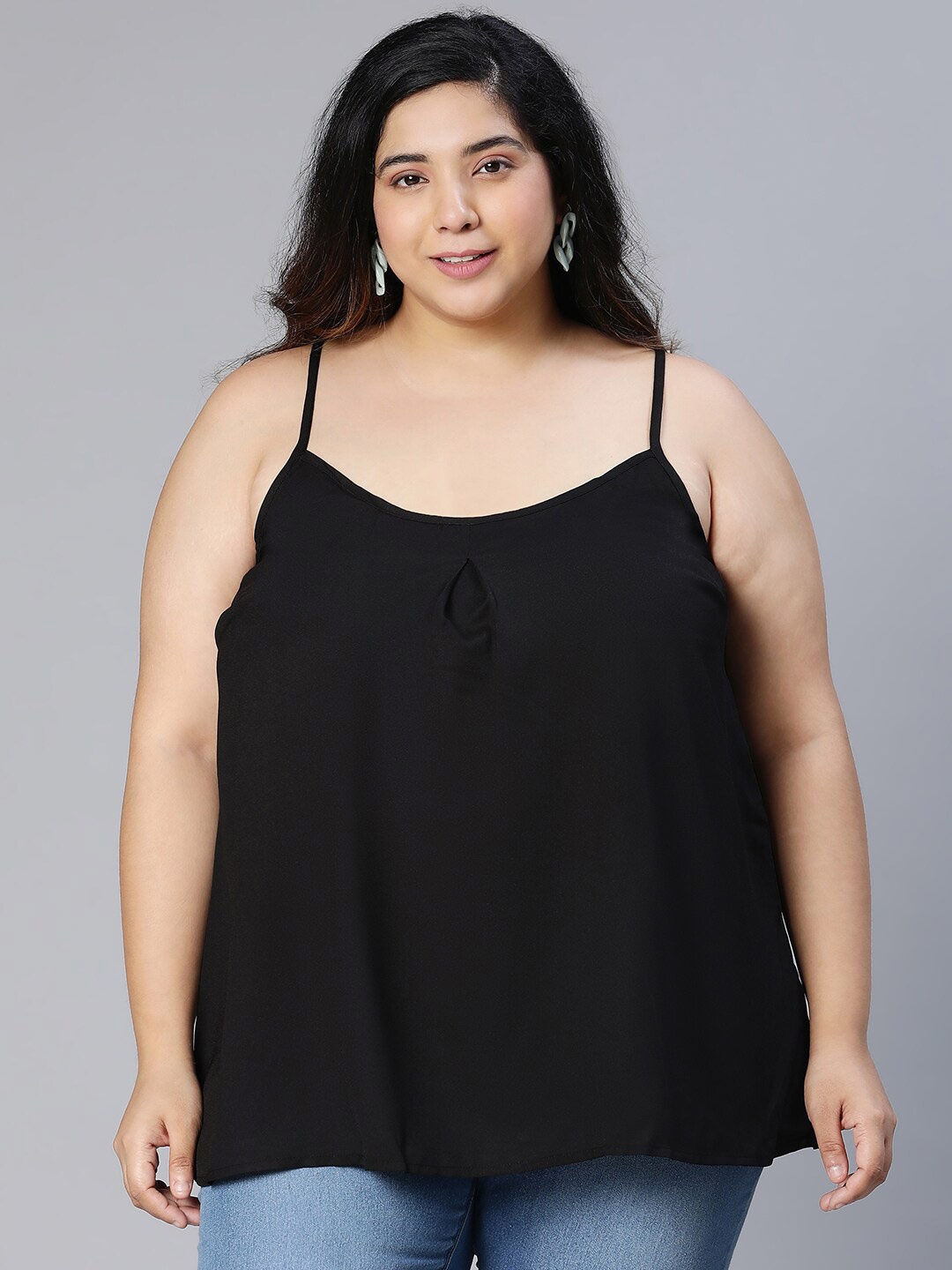 

Oxolloxo Plus Size Solid Shoulder Straps A-Line Cami Top, Black