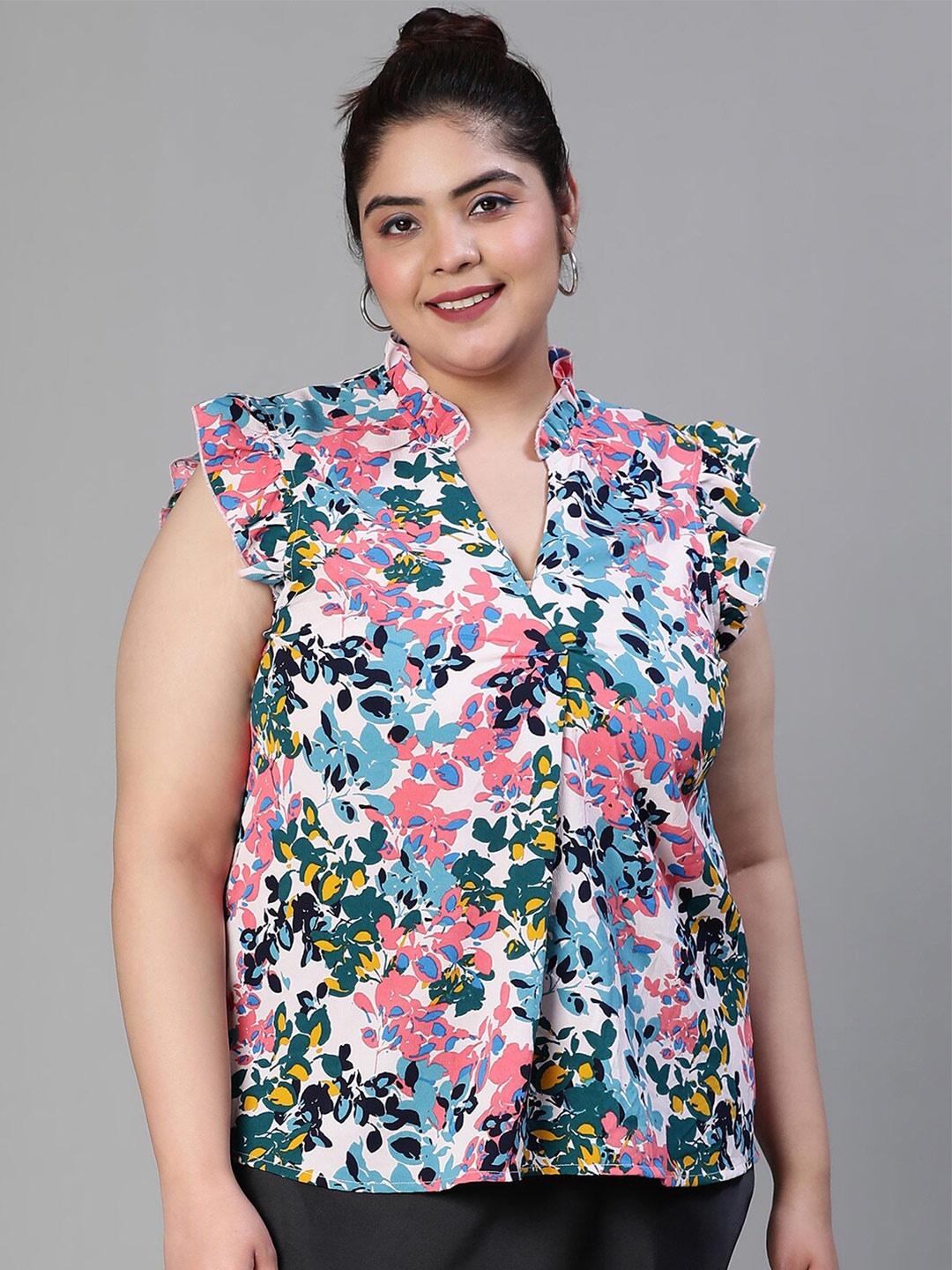 

Oxolloxo Plus Size Floral Print Mandarin Collar Flutter Sleeve Ruffles Crepe Top, Blue