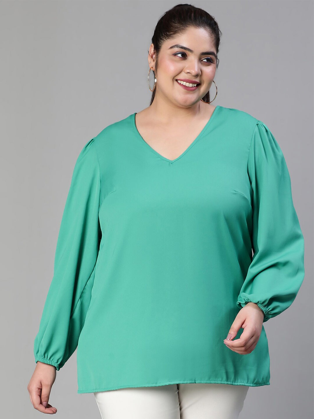 

Oxolloxo V-Neck Puff Sleeve Crepe Top, Green