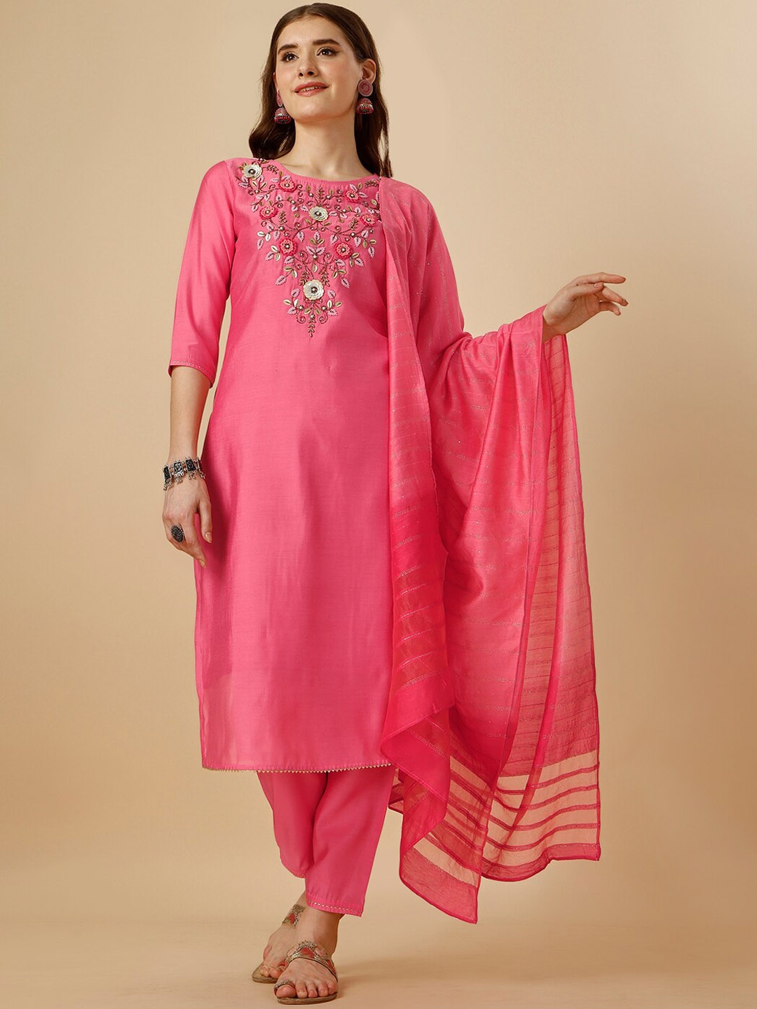 

Berrylicious Yoke Design Beads and Stones Chanderi Cotton Kurta With Trousers & Dupatta, Pink