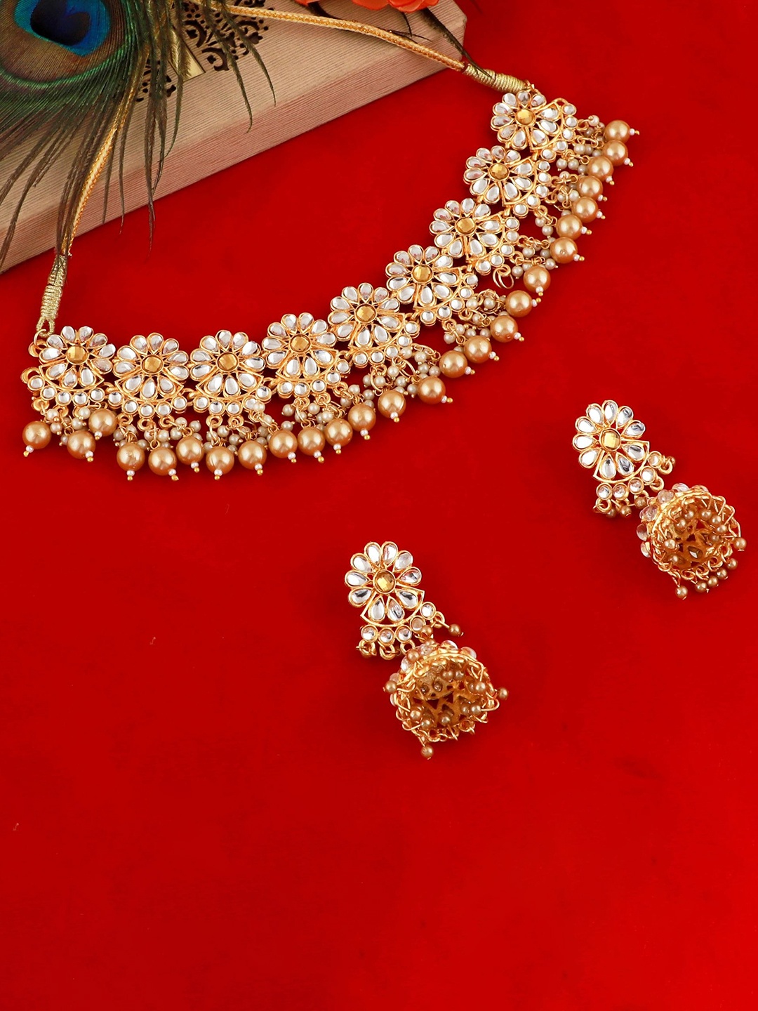 MANSIYAORANGE Gold-Plated Kundan Studded & Beaded Necklace & Earrings