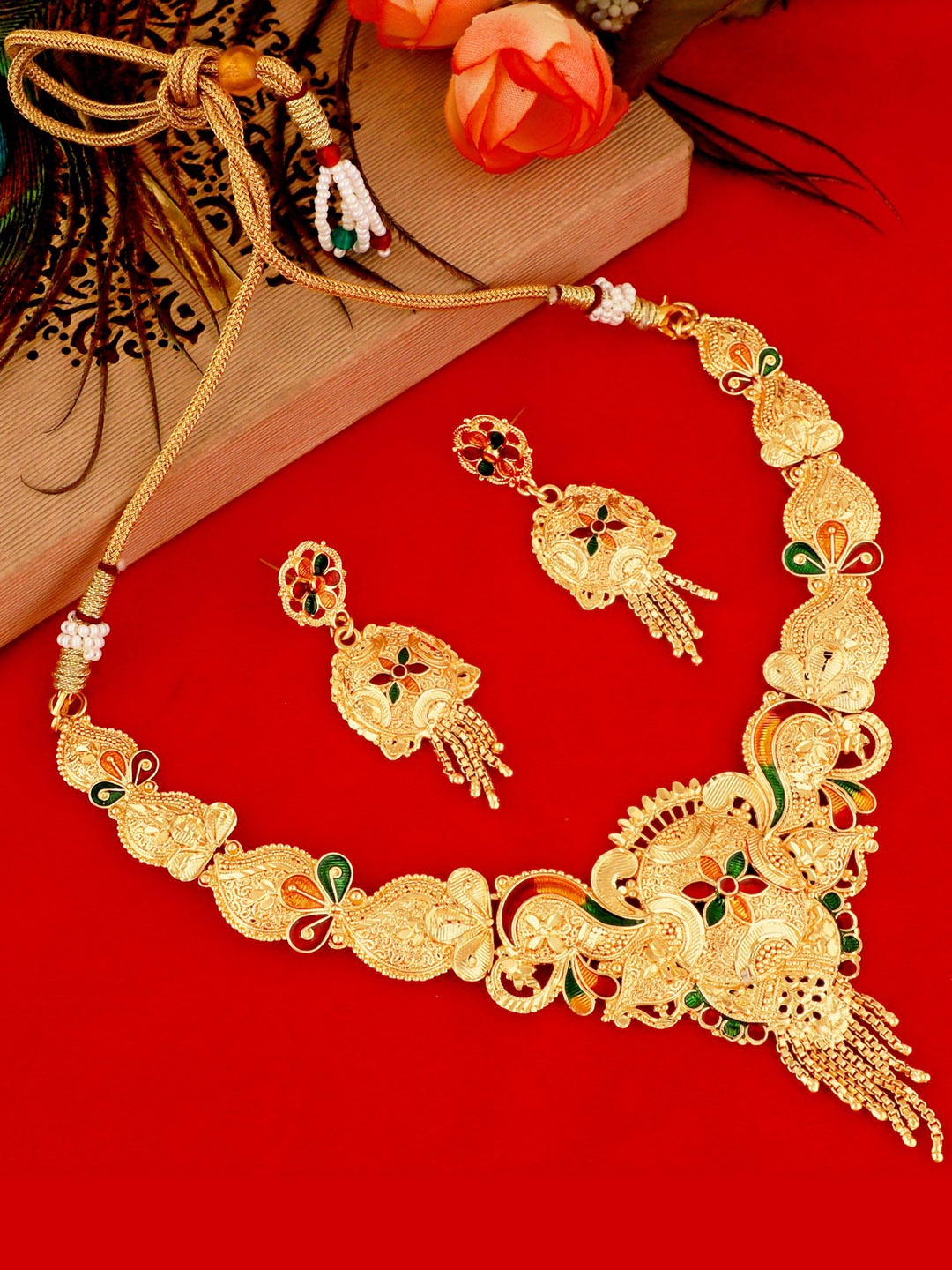 

MANSIYAORANGE Gold-Plated Stone-Studded & Beaded Jewellery Set