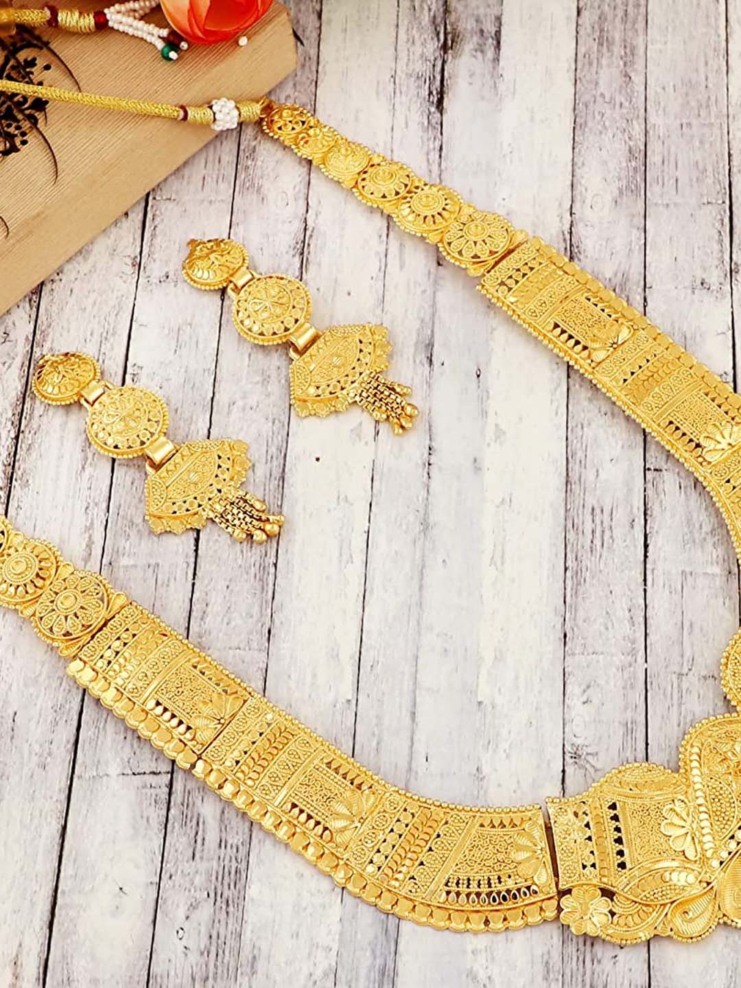 MANSIYAORANGE Gold-Plated Textured Long Jewellery Set