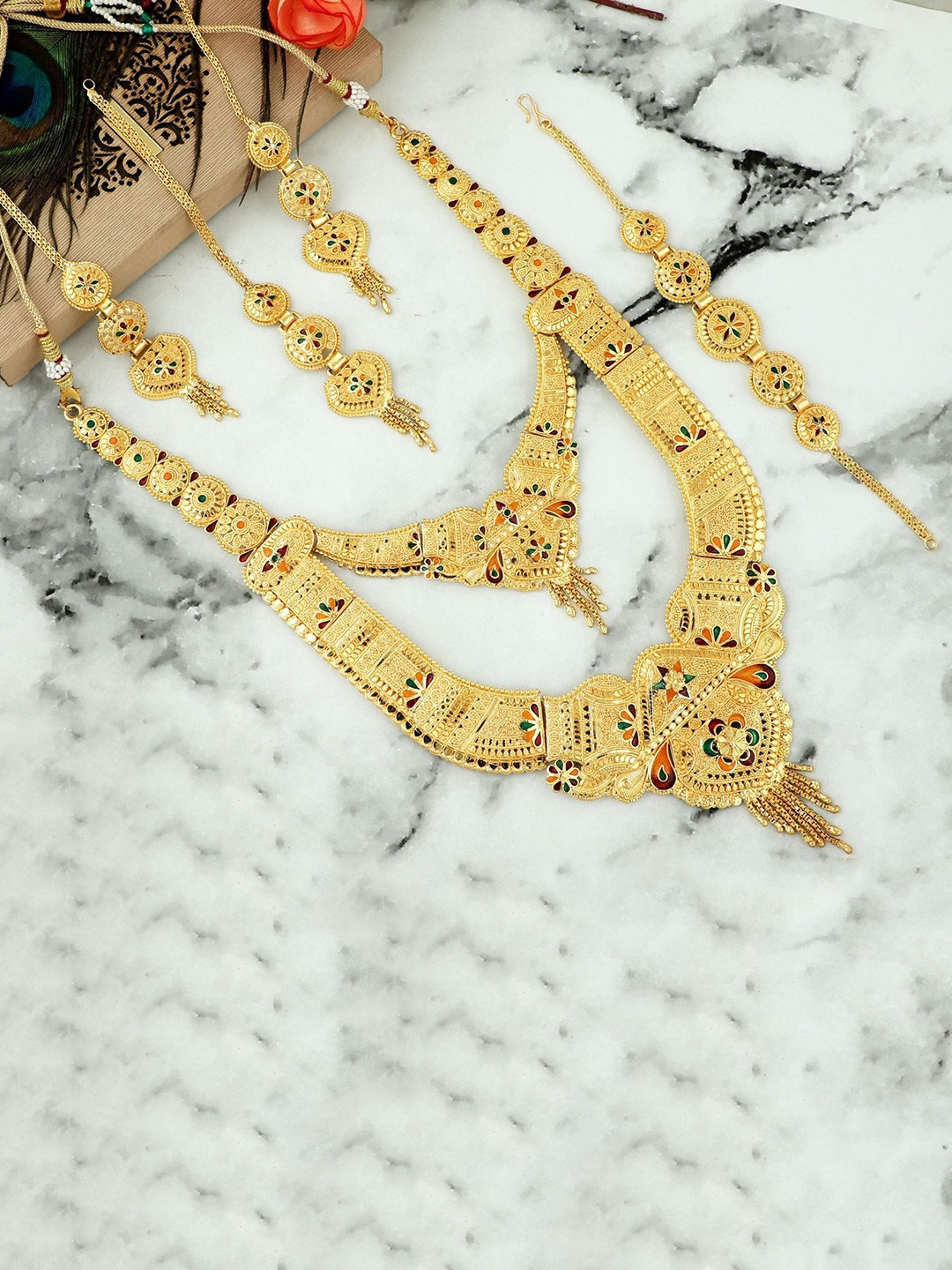 

MANSIYAORANGE Gold-Plated Ethnic Motif Enamelled Detailed Jewellery Set
