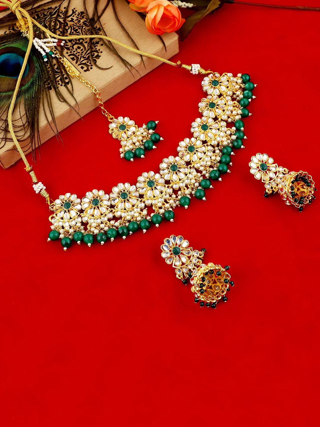MANSIYAORANGE Gold-Plated AD Kundan Studded & Beaded Jewellery Set