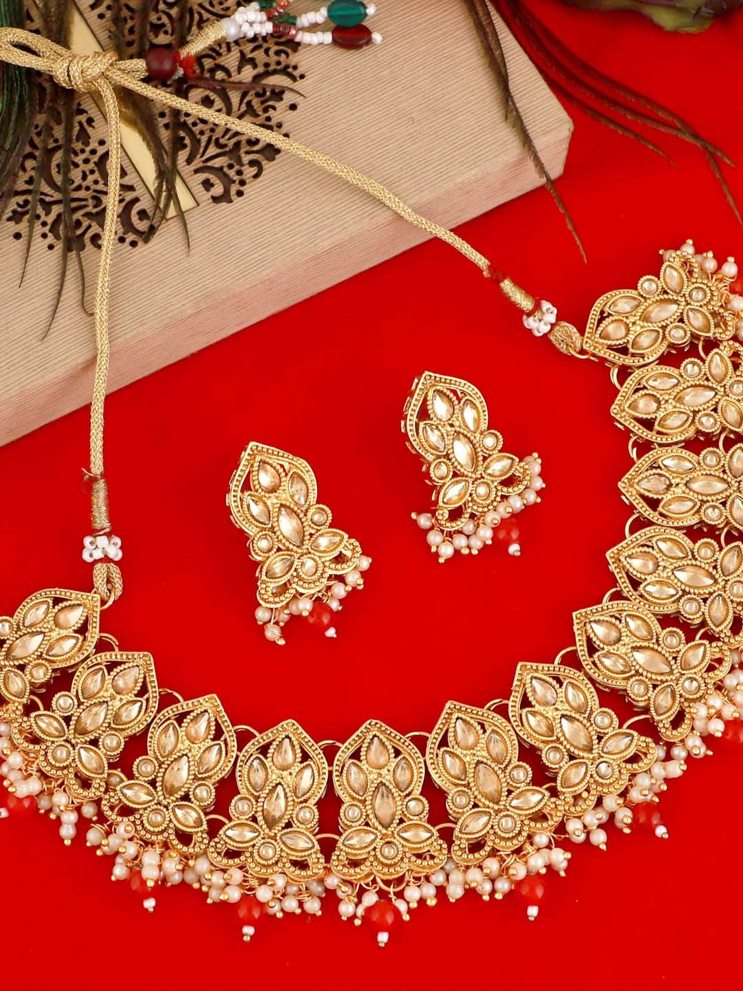 

MANSIYAORANGE Gold-Plated Kundan-Studded and Beaded Necklace & Earrings