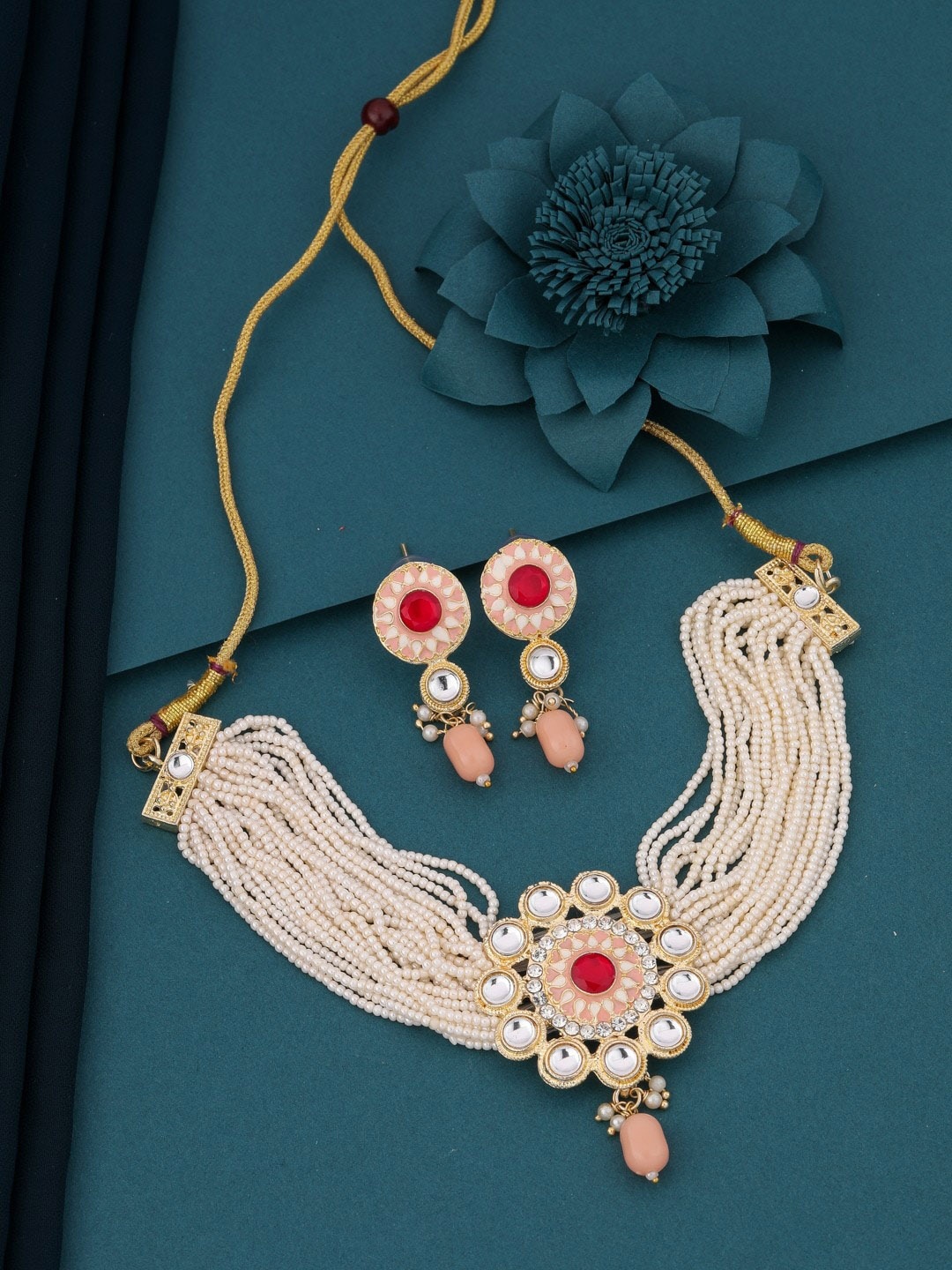 

Vita Bella Gold-Plated Kundan-Studded & Beaded Necklace and Earrings Jewellery Set