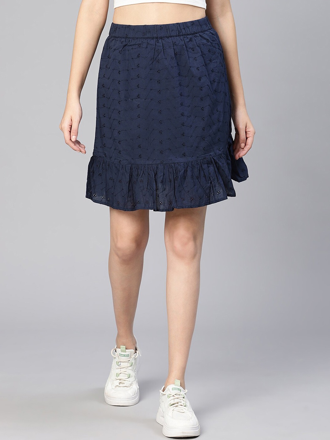 

Oxolloxo Self Design Above Knee Length Straight Schiffli Cotton Skirt, Navy blue