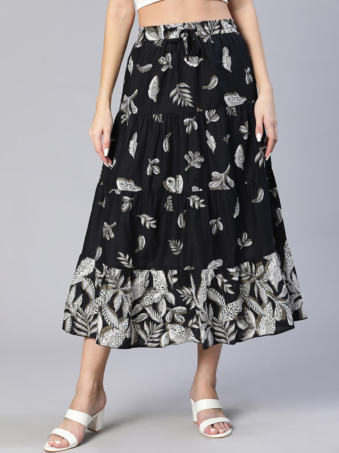 

Oxolloxo Printed A Line Flared Maxi Skirt, Black