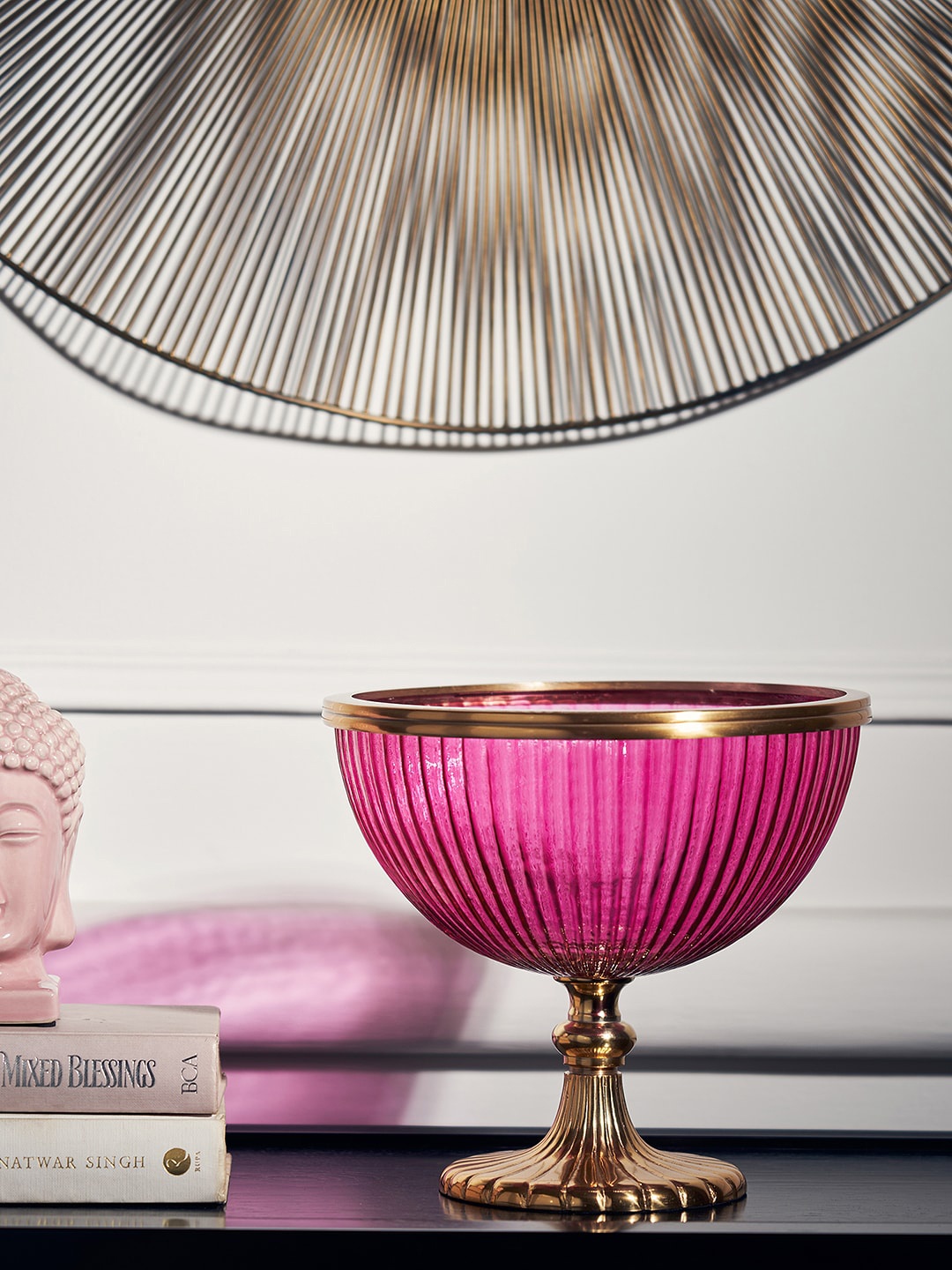 

Pure Home and Living Pink & Gold-Toned Ribbed Textured Decorative Bowl With Stand