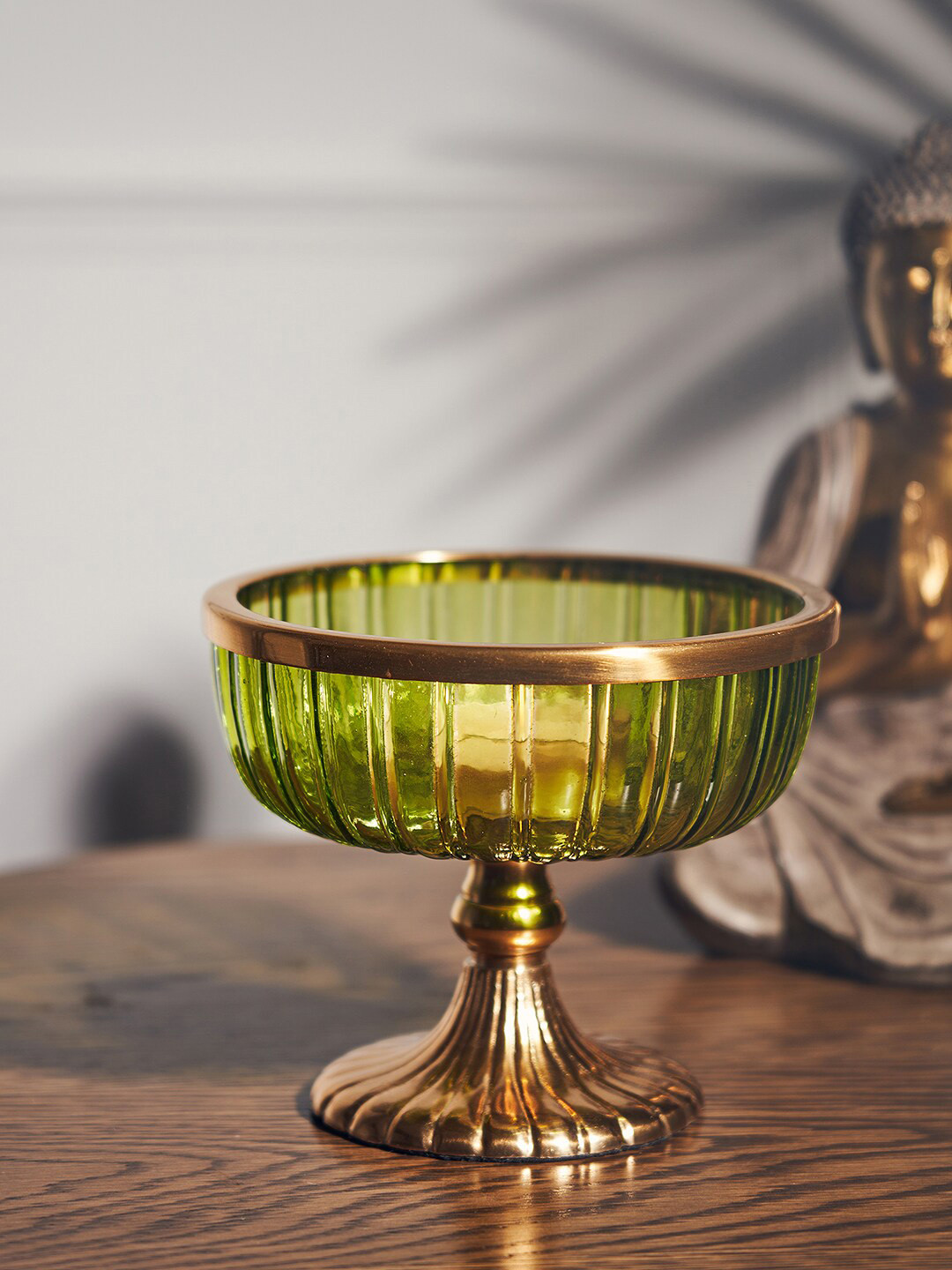 

Pure Home and Living Green Ribbed Glass Decorative Bowl With Stand