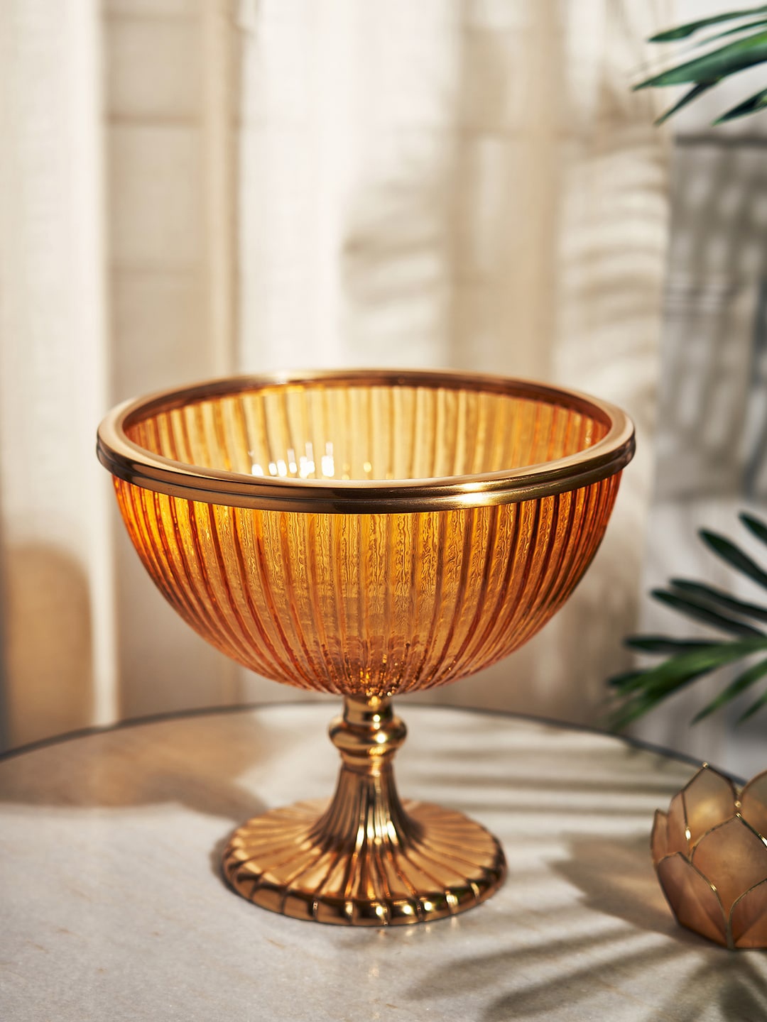 

Pure Home and Living Orange-Colored Ribbed Glass Bowl With Stand