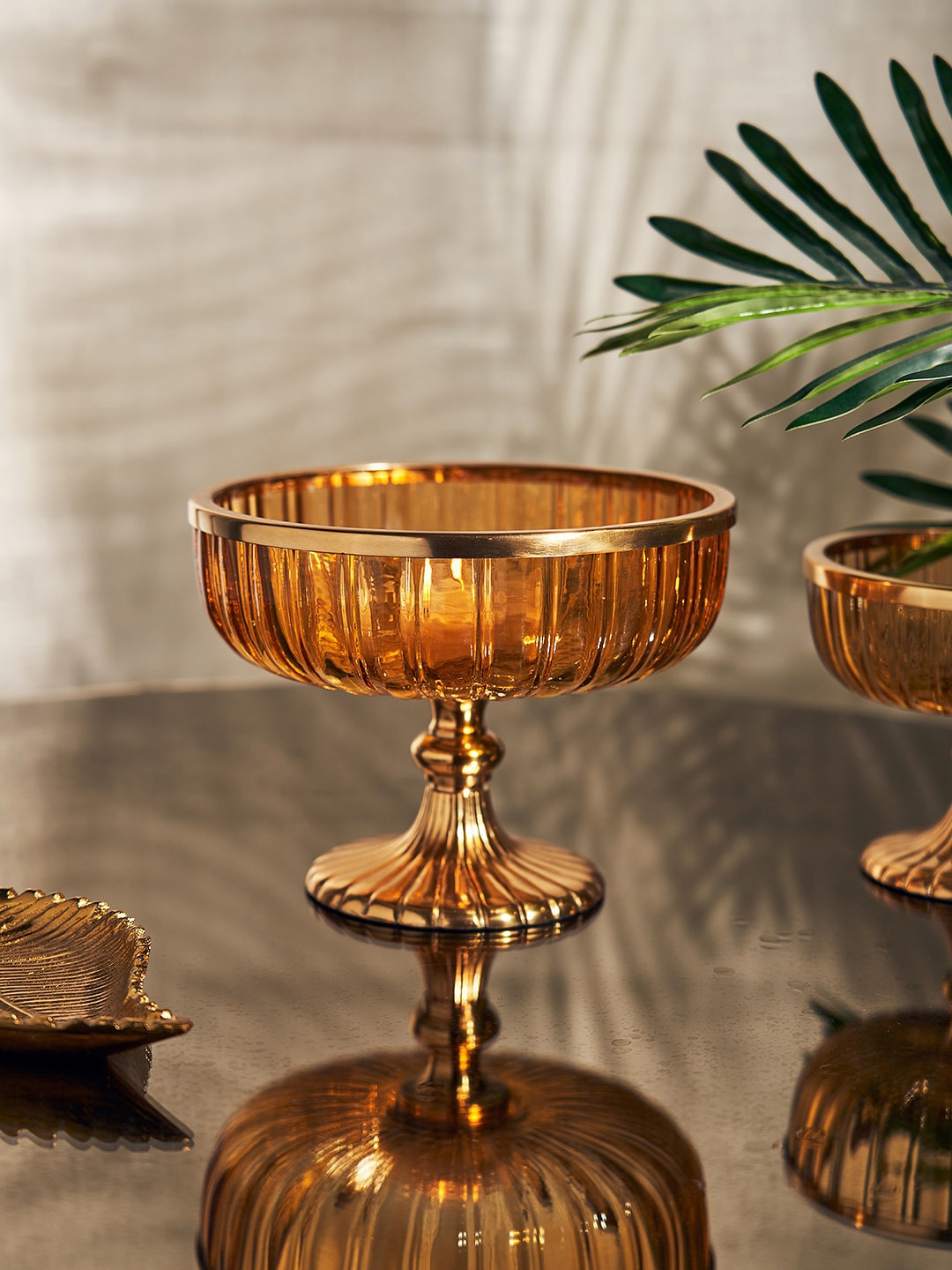 Pure Home and Living Orange Coloured Ribbed Glass Decorative Bowl with Stand