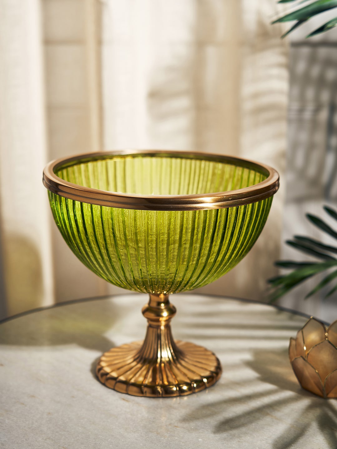 Pure Home and Living Green & Gold Toned Textured Glass Decorative Bowl With Stand