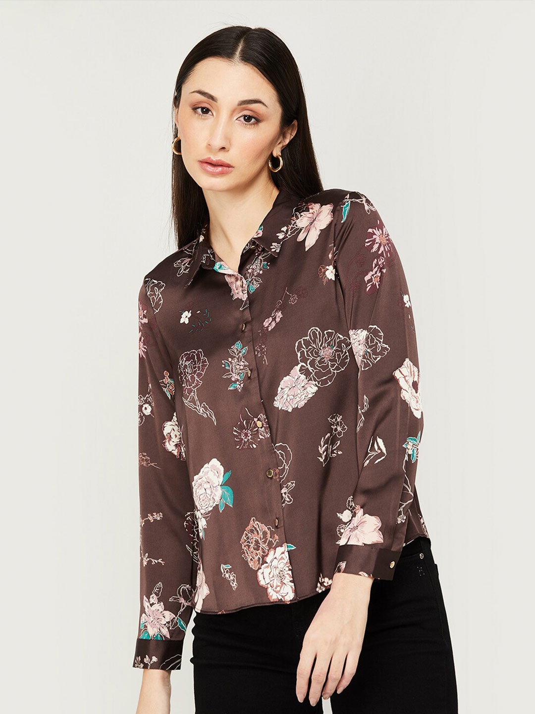 

CODE by Lifestyle Floral Printed Shirt Style Top, Brown