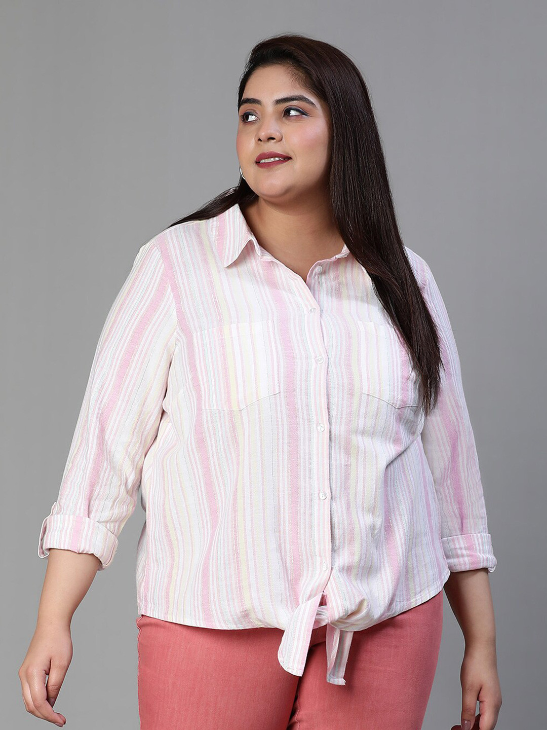 

Oxolloxo Relaxed Multi Striped Tir-Up Cotton Casual Shirt, White
