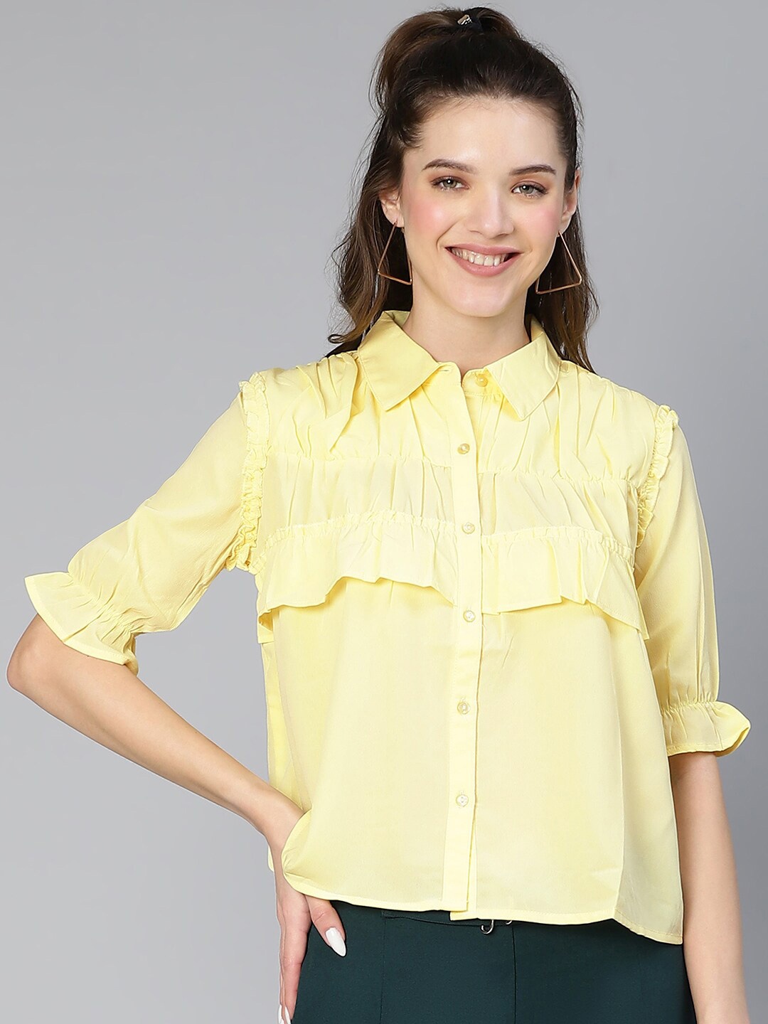 

Oxolloxo Smart Ruffled Opaque Casual Shirt, Yellow