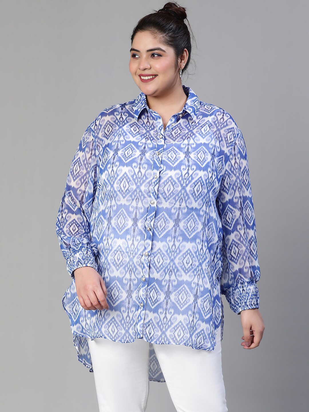 

Oxolloxo Modern Boxy Plus Size Ethnic Printed Chiffon Casual Shirt, Blue