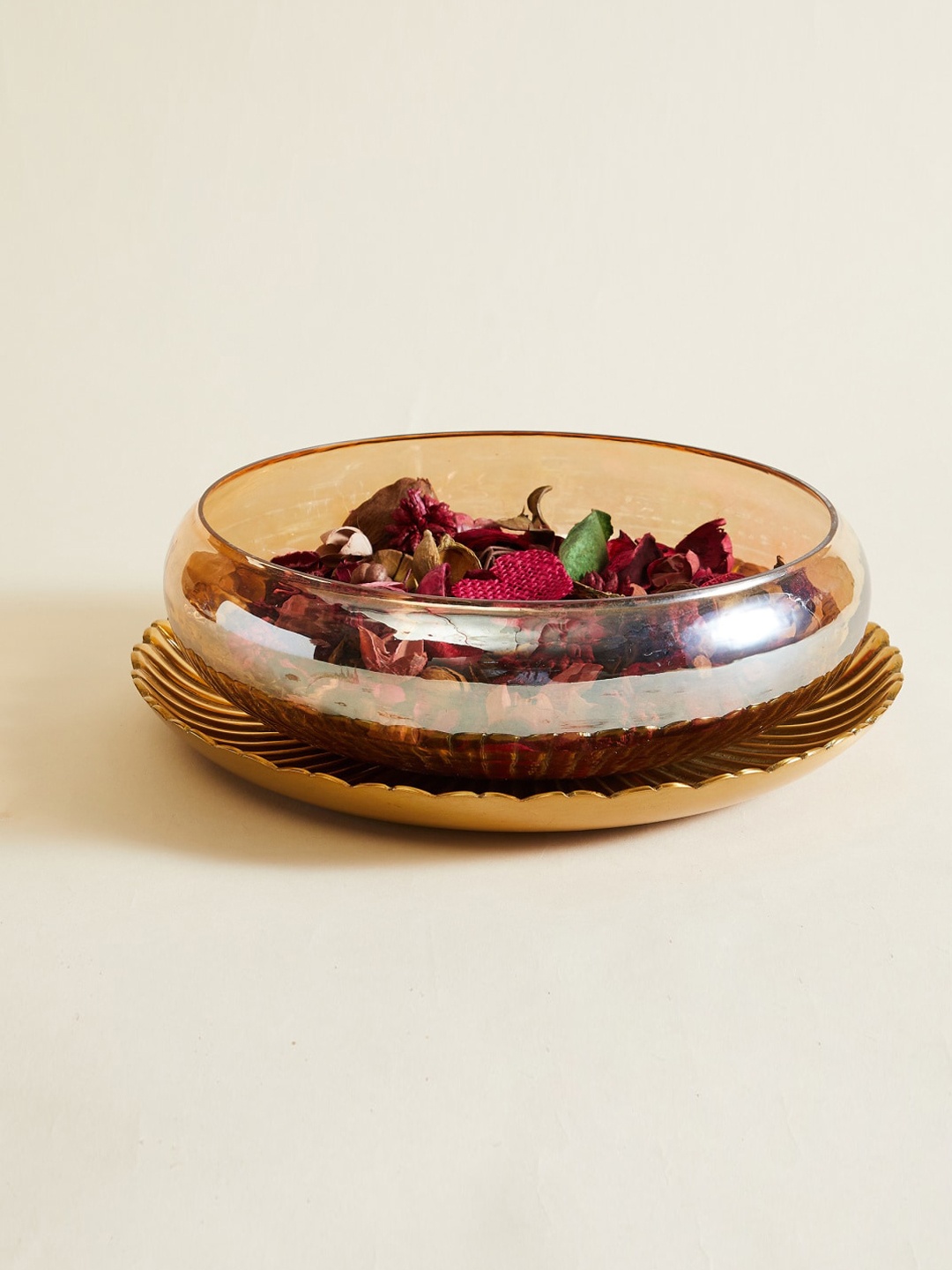

Home Centre Vrindawan Beige & Transparent Decorative Bowl With Aluminium Stand