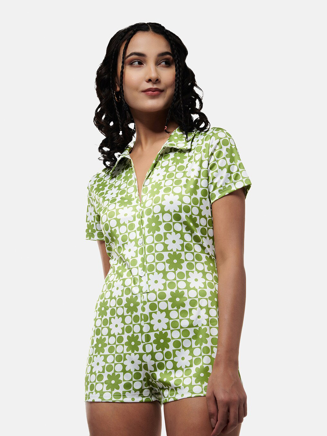 

IZF Floral Printed Shirt Collar Playsuit, Green