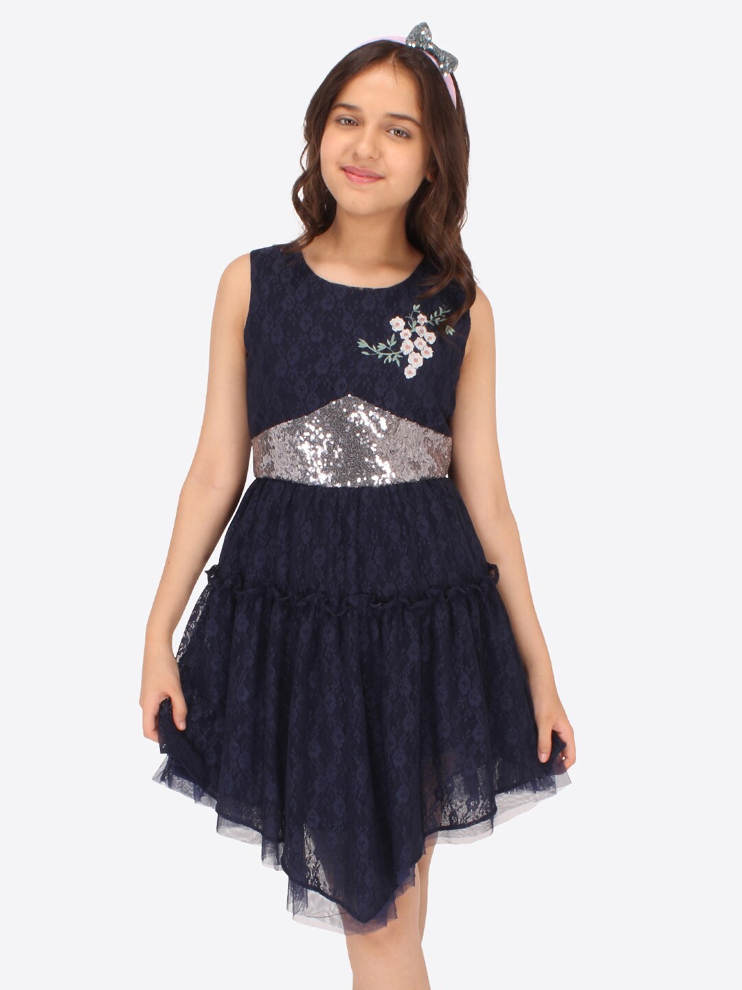 

CUTECUMBER Floral Net Fit & Flare Dress, Navy blue