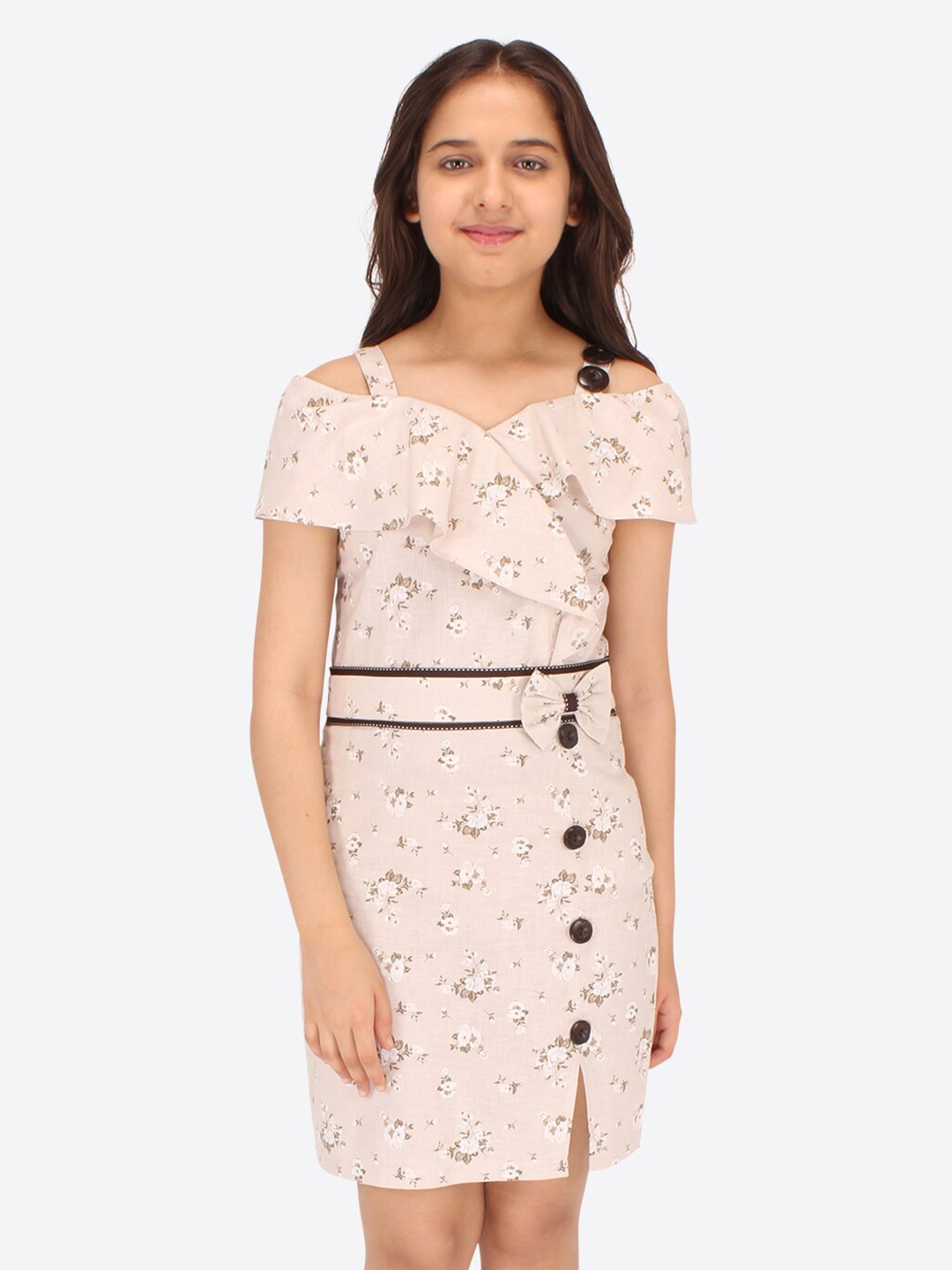 

CUTECUMBER Girls Print Cold-Shoulder Sheath Dress, Beige