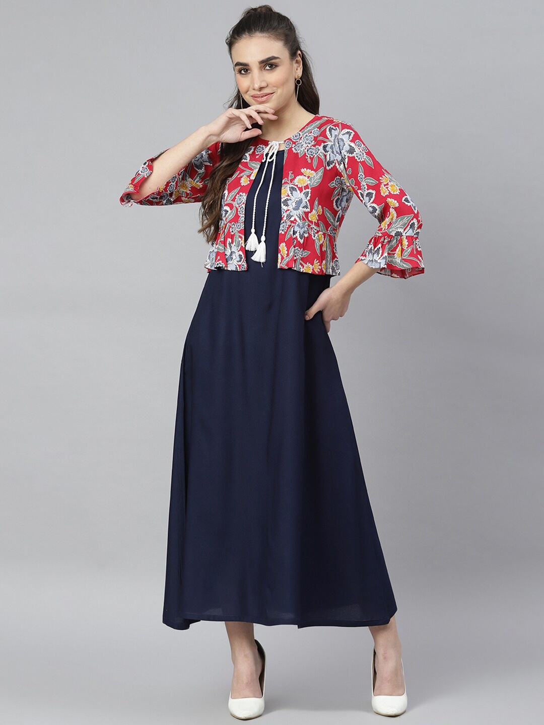 

DEEBACO Round Neck A-Line Maxi Dress With Printed Shrug, Navy blue