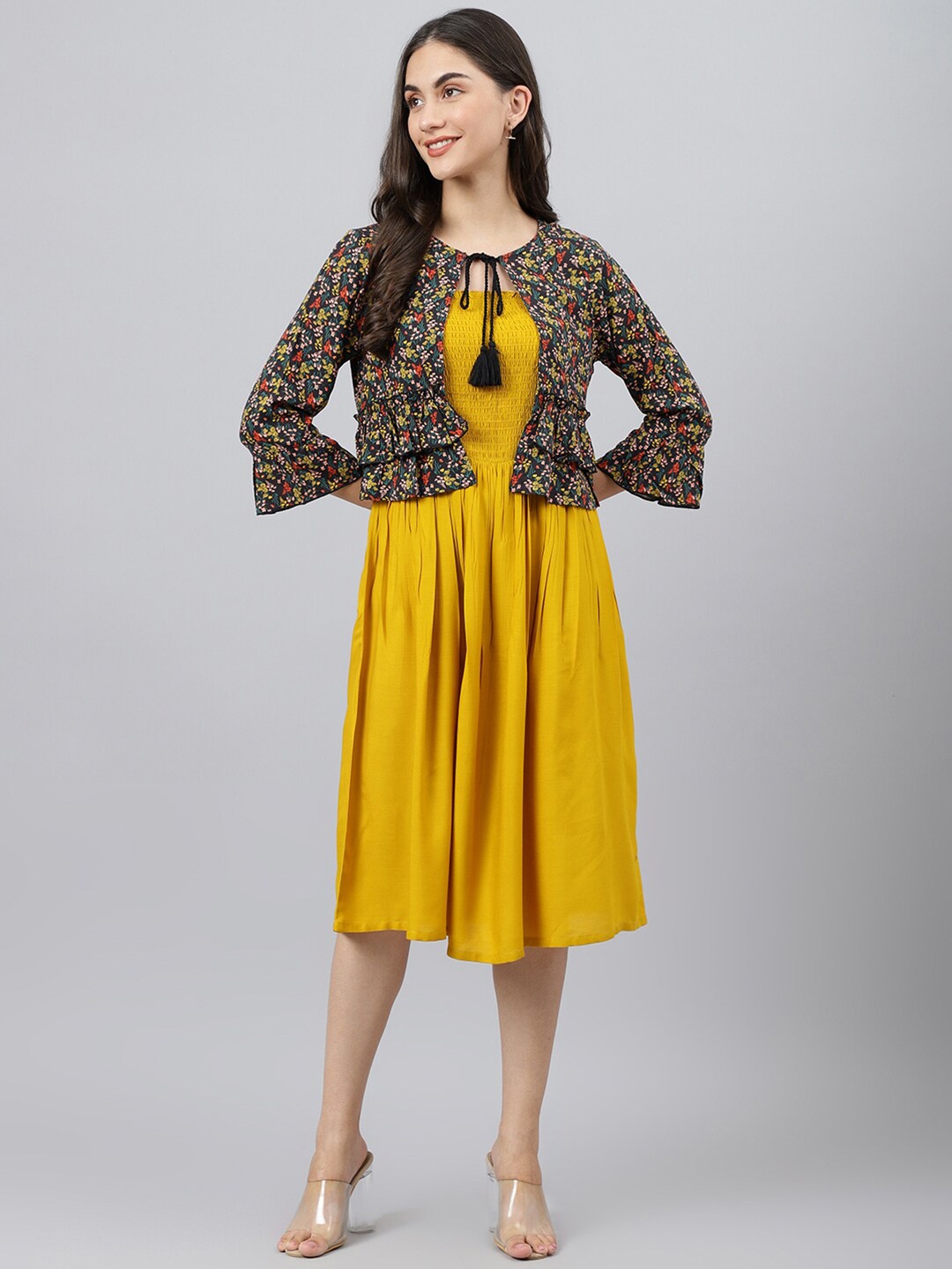 

DEEBACO Smocked Fit & Flare Dress With Shrug, Mustard