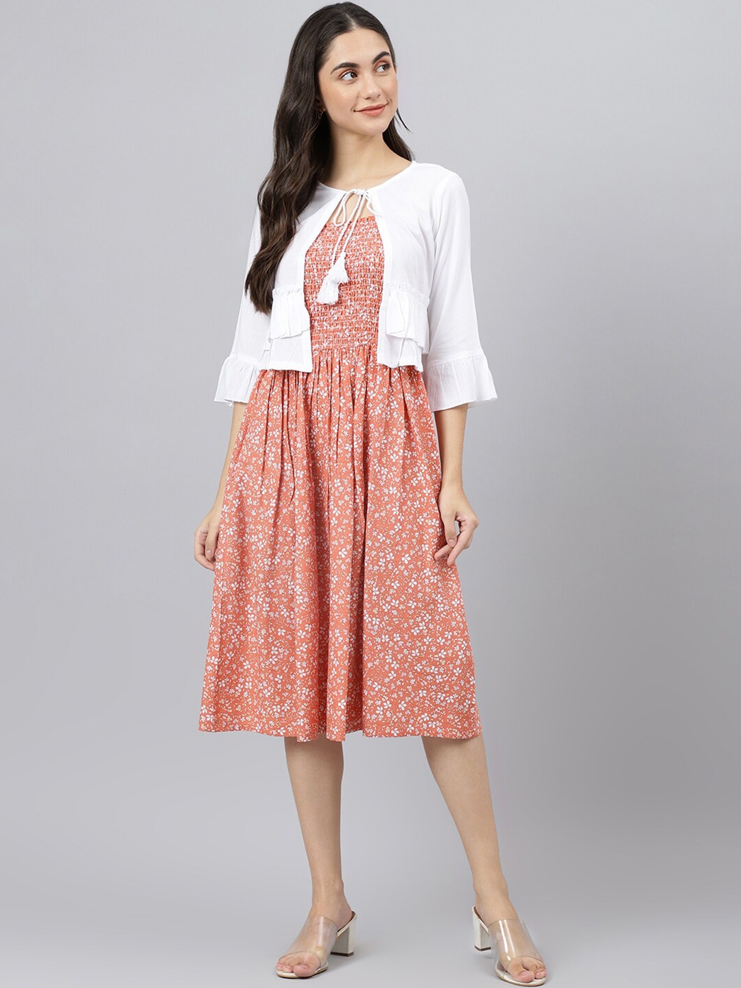

DEEBACO Floral Printed Smocked Fit & Flare Dress With Shrug, Peach